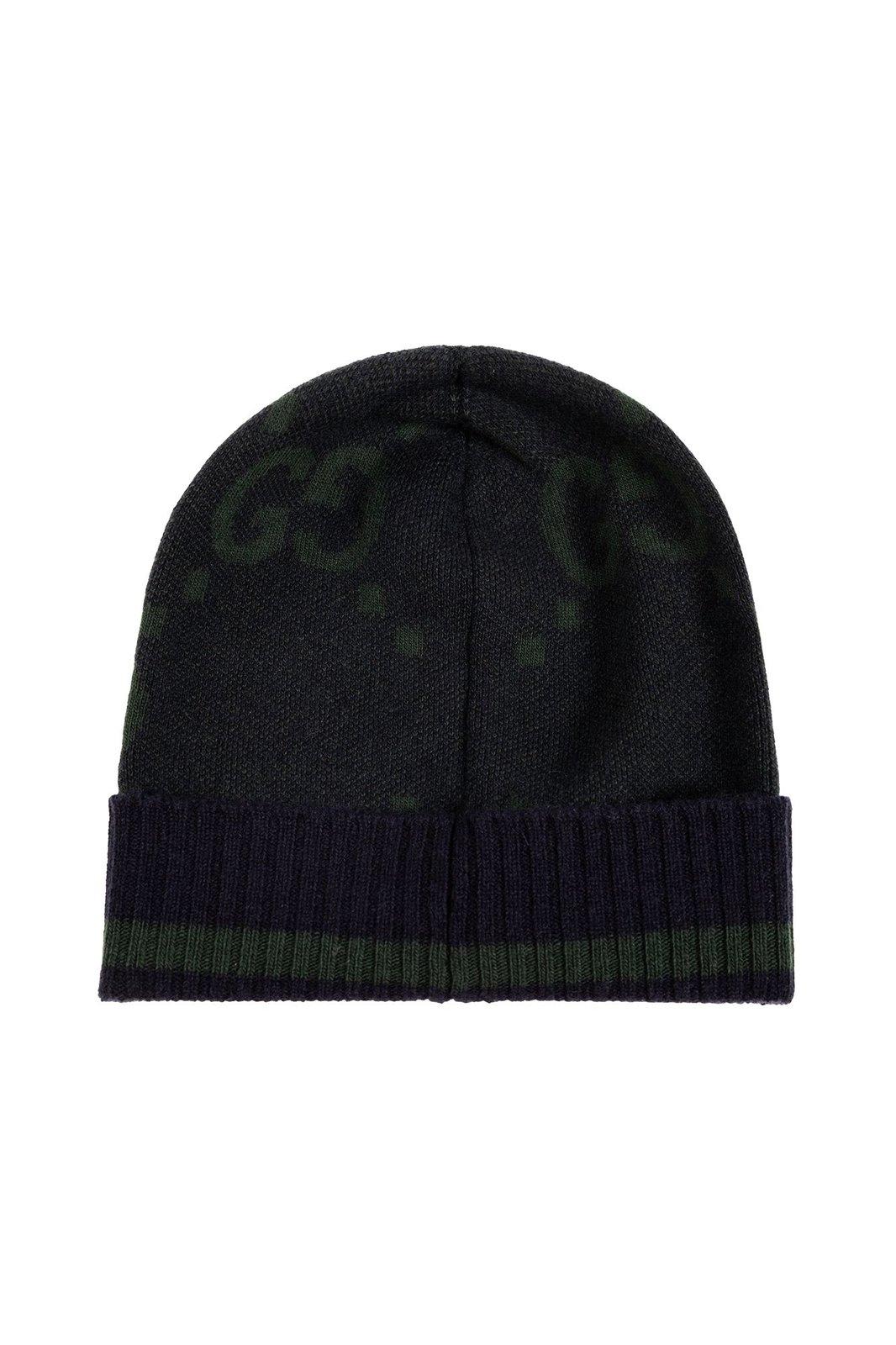 Shop Gucci Monogram Knitted Beanie In Navy/dark Green