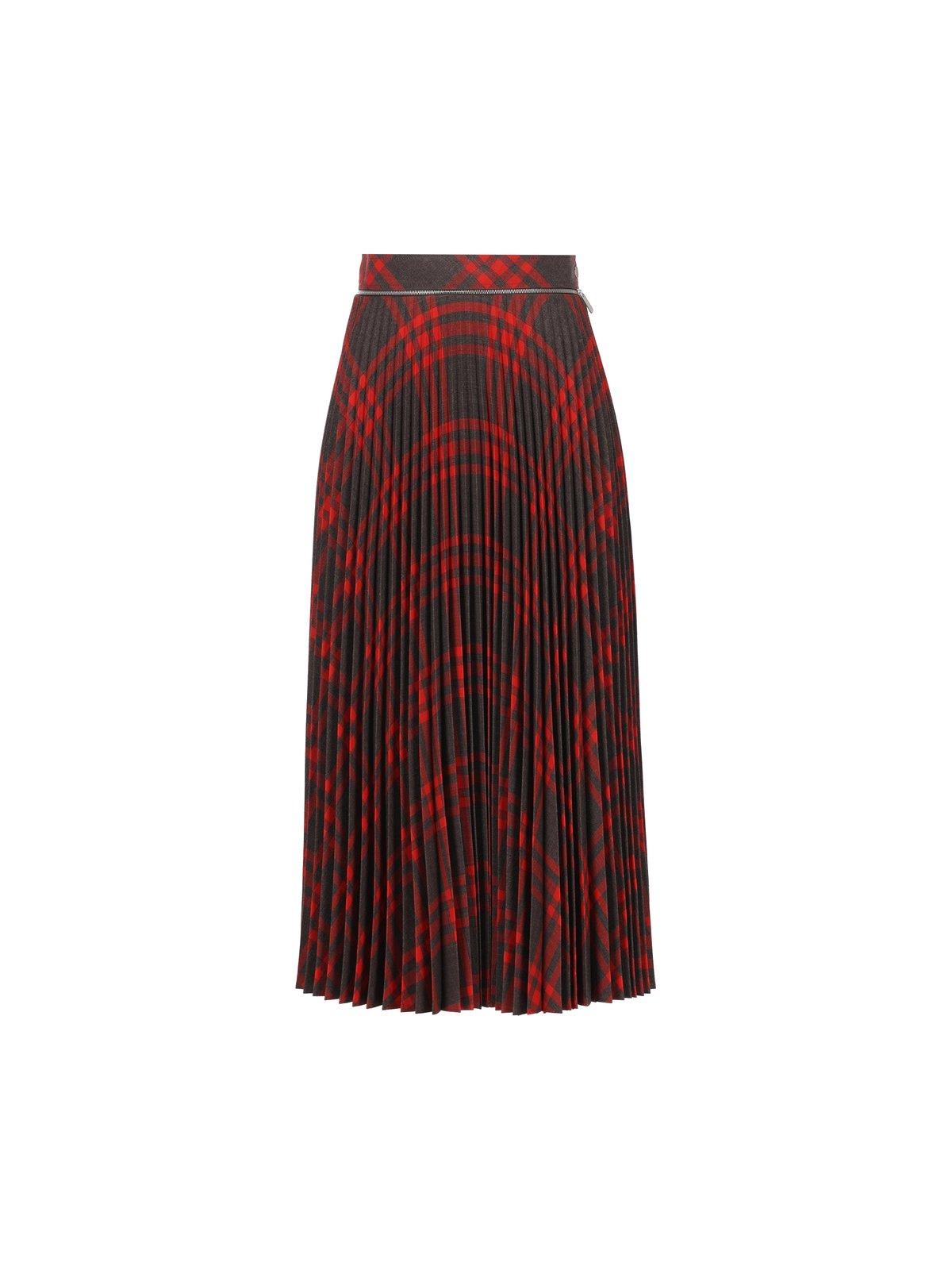 Shop Burberry Checked Pleated Zip-detailed Skirt In Multicolour