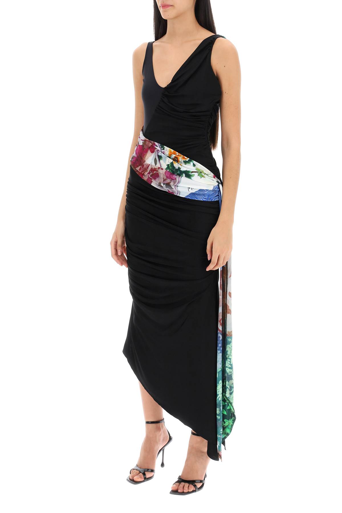 Shop Marine Serre Dress In Draped Jersey With Contrasting Sash In Black (black)
