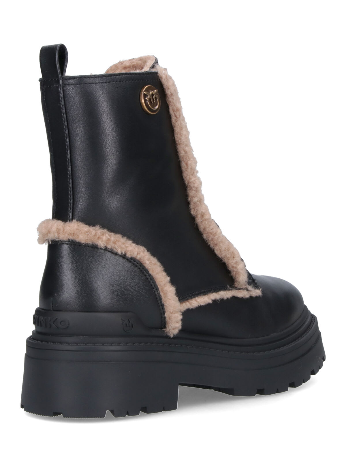 Pinko Black Leather Ankle Boots With Beige Shearling Details In Black