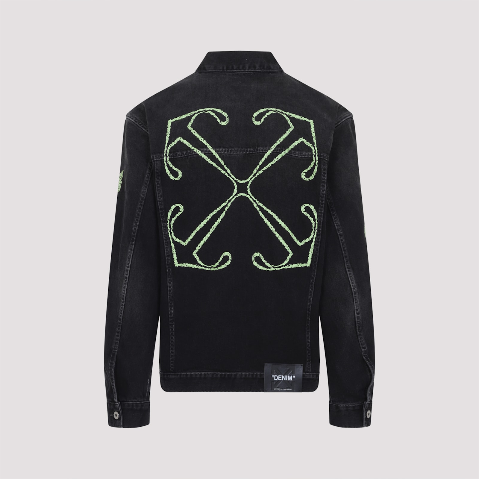 Off-white Diagonal Arrow Outline Embroidered Denim Skate Jacket In Vintage Black
