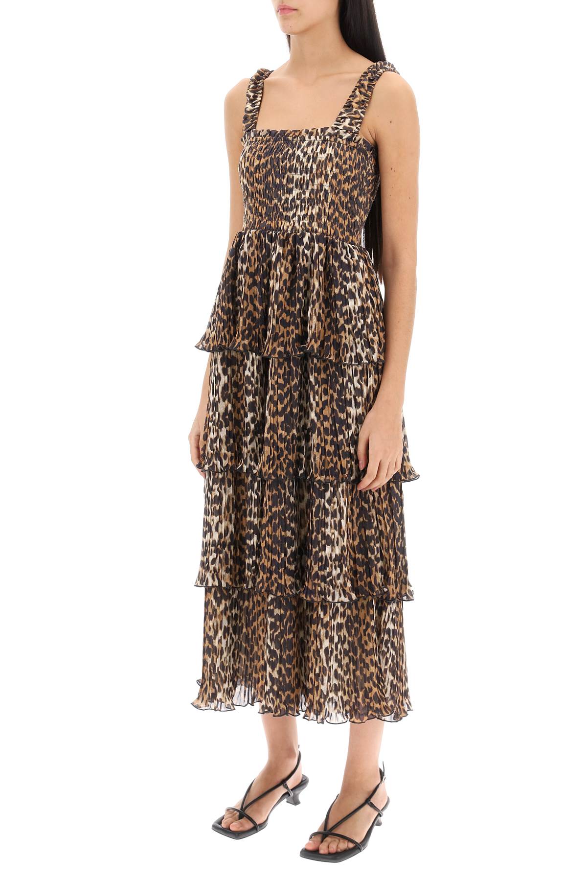 Ganni + Net Sustain Pleated Smocked Leopard-print Recycled-georgette Midi Dress In Almond Milk