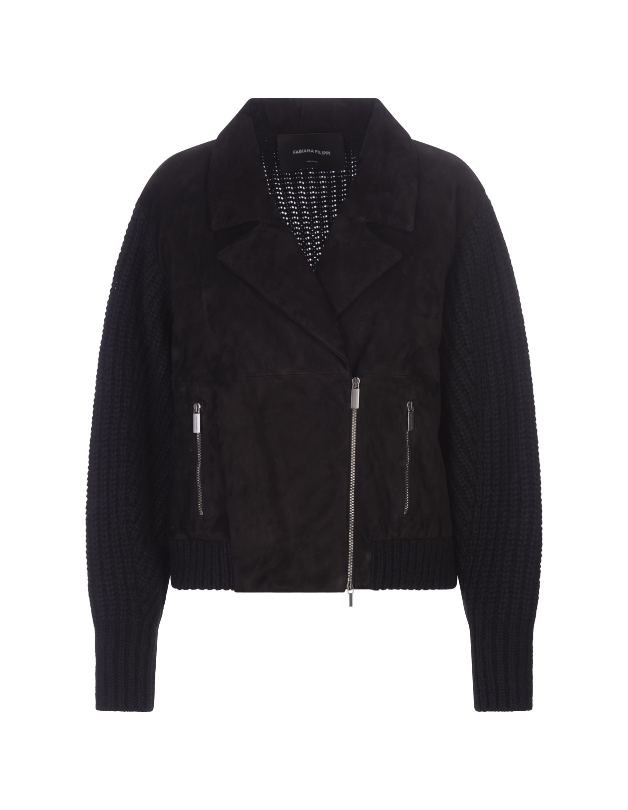Fabiana Filippi Black Suede Jacket With Knitted Sleeves In Nero