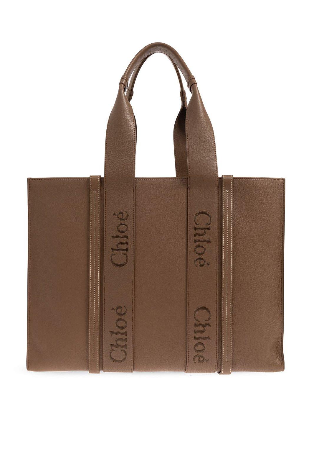 Shop Chloé Logo Detailed Large Tote Bag In Brown