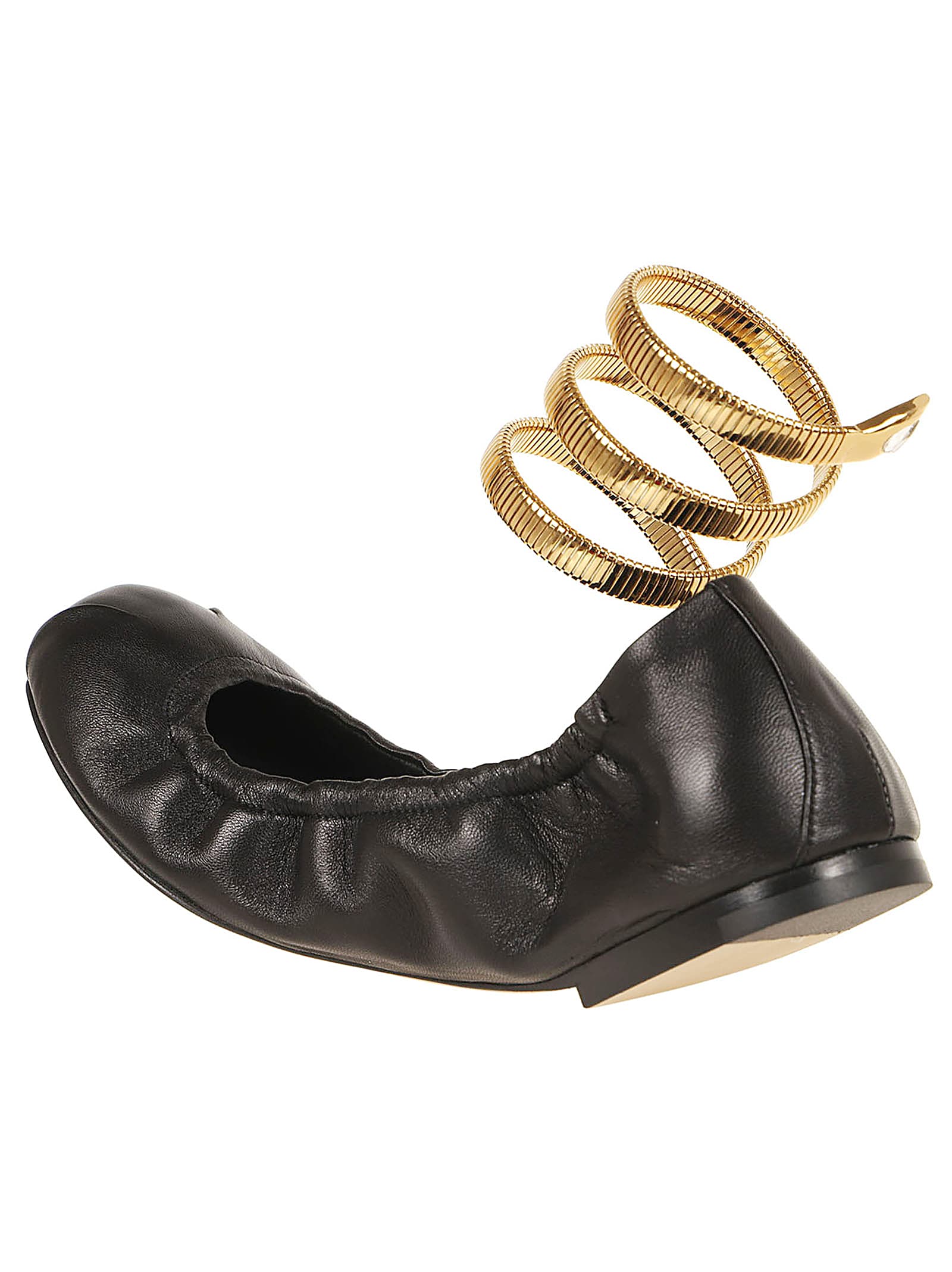 Shop René Caovilla Juniper Ballerina In Black Lamb Gold Metal Snake