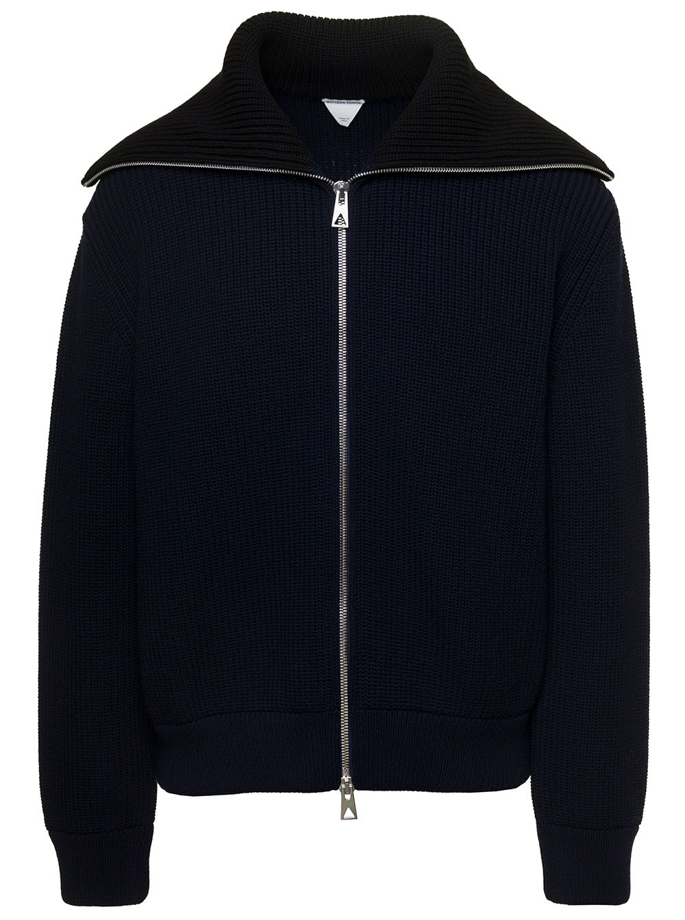 Bottega Veneta Blue And Black Zip-up Knit Sweater With Wide Collar In Wool Man