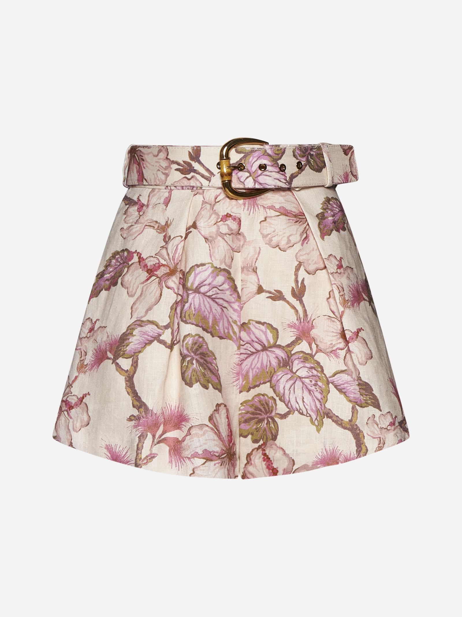Zimmermann Matchmaker Print Linen Shorts In Coral Hibiscus
