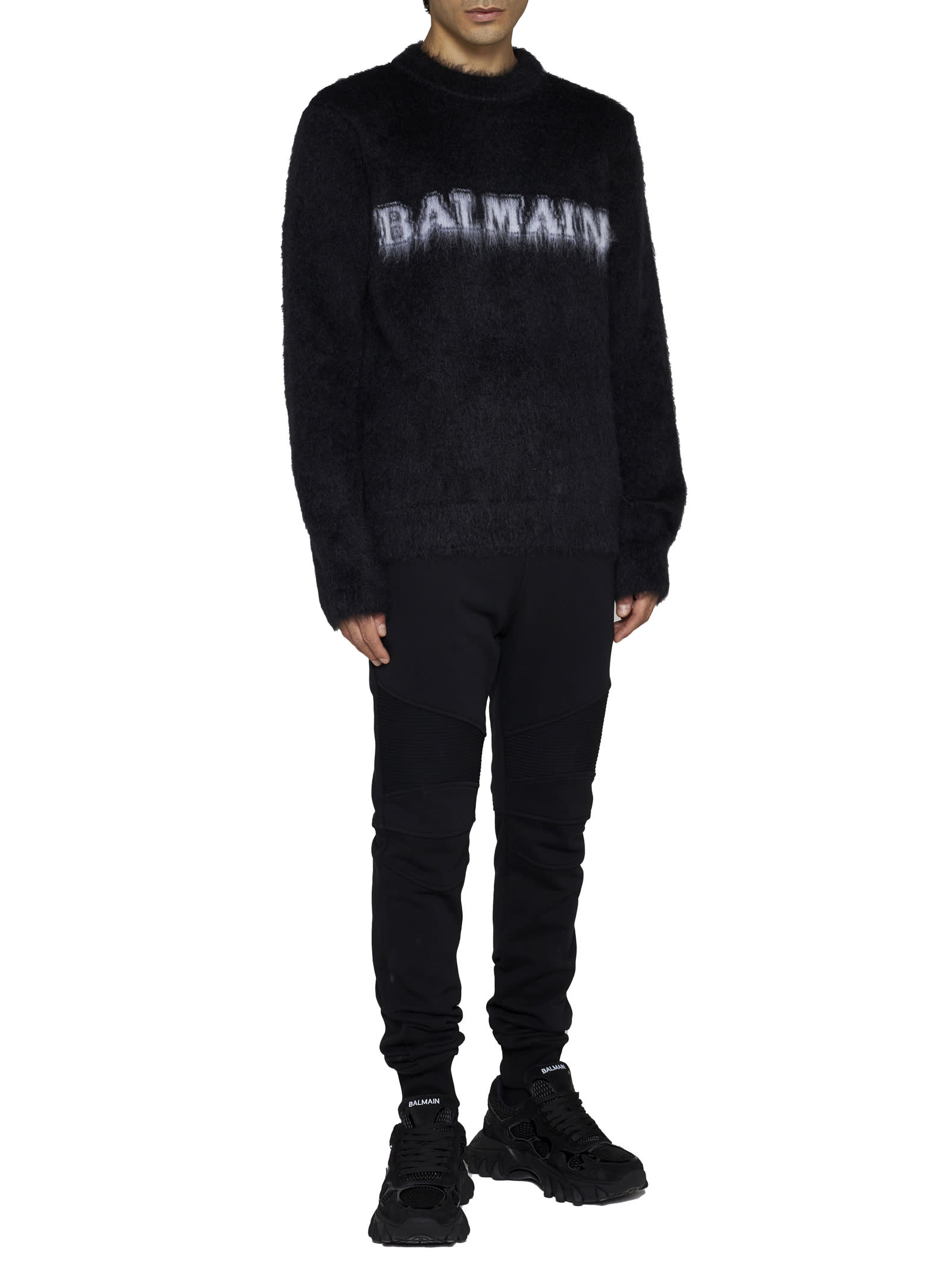 Balmain Black Crewneck Sweater With Maxi Logo Lettering On The Front And Brushed Effect In Wool Blen In Eab Noir Blanc
