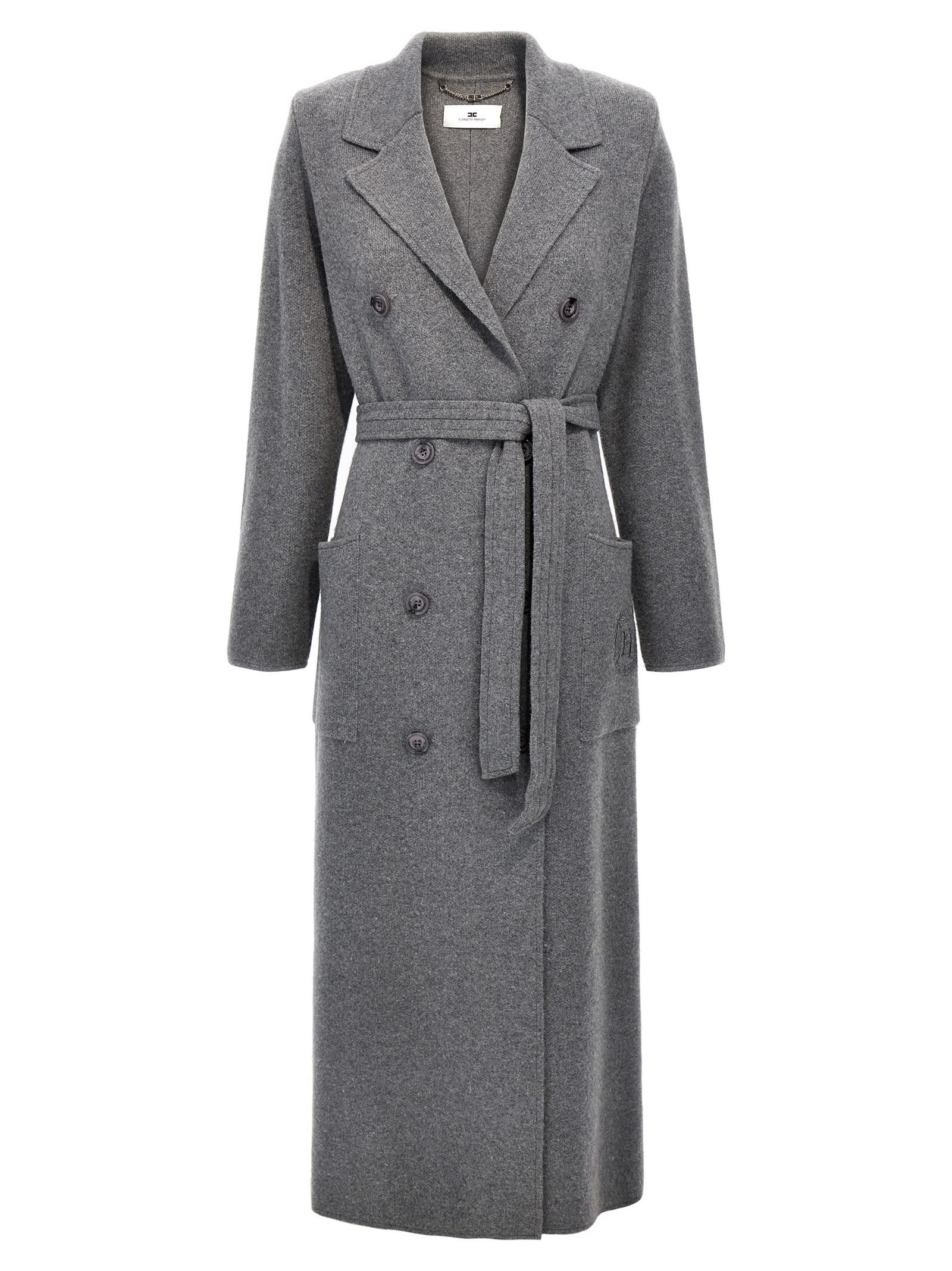 Elisabetta Franchi Steel Melange Belted Coat In Gray