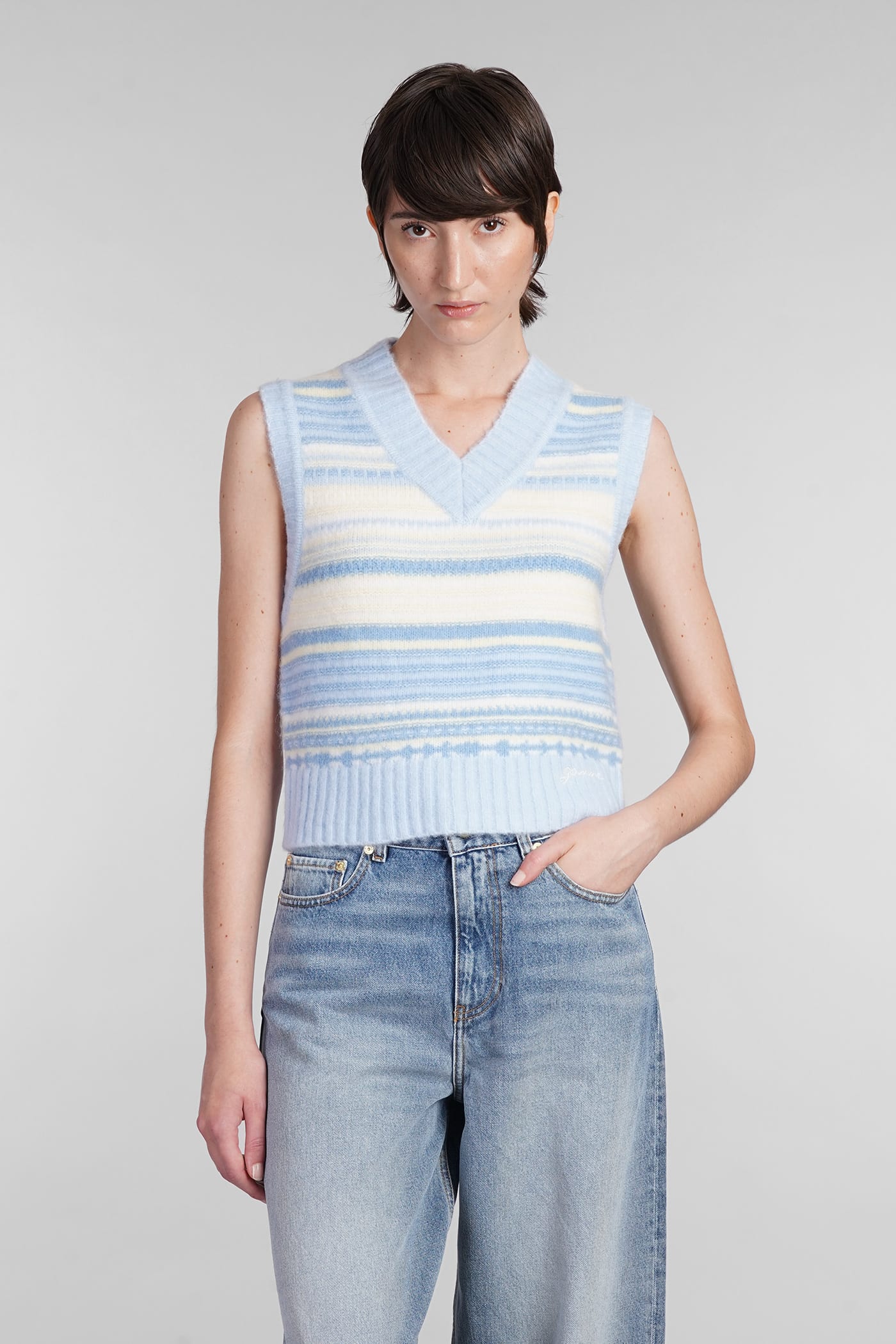 Shop Ganni Vest In Cyan Wool