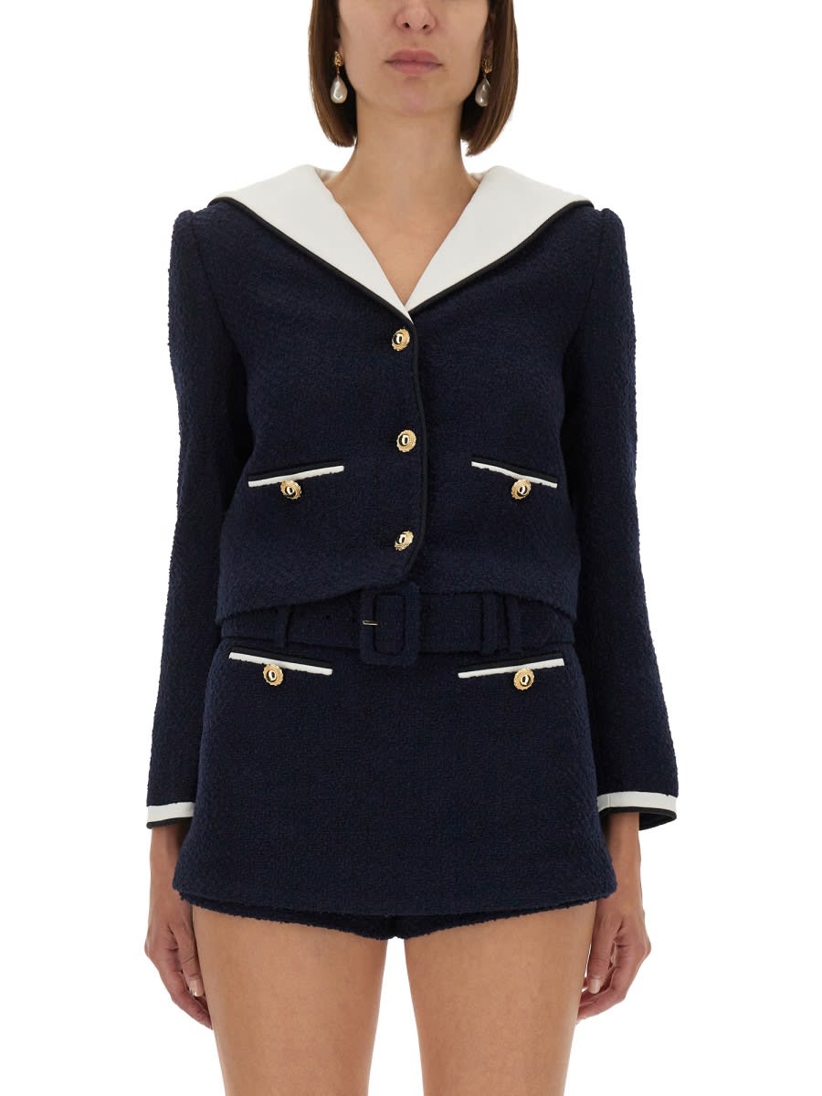 Self-portrait Boucle Jacket With Contrasting Neckline In Blue