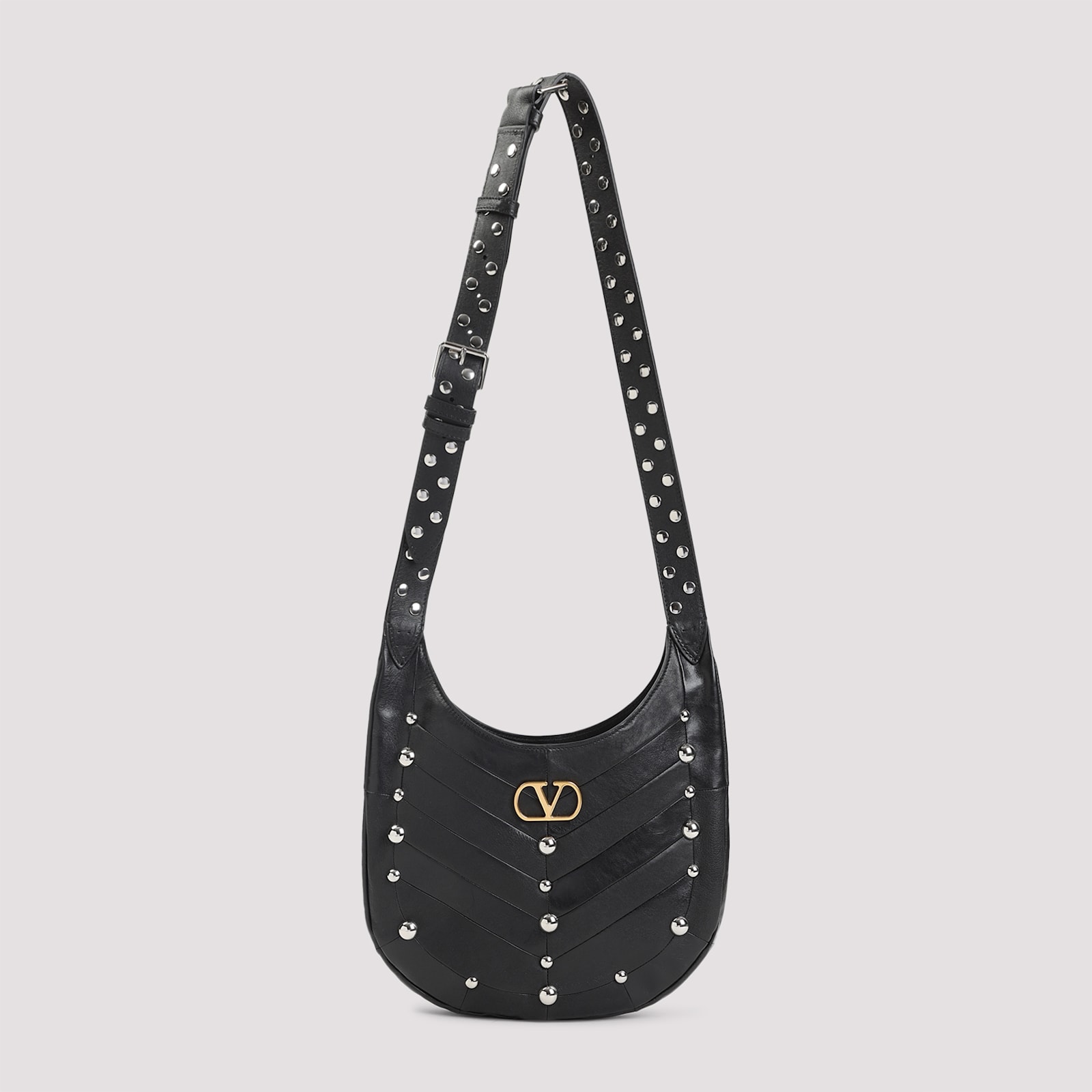 Valentino Garavani Hoboho Hobo Bag In Chevron-patterned Nappa Leather With Studs In Black