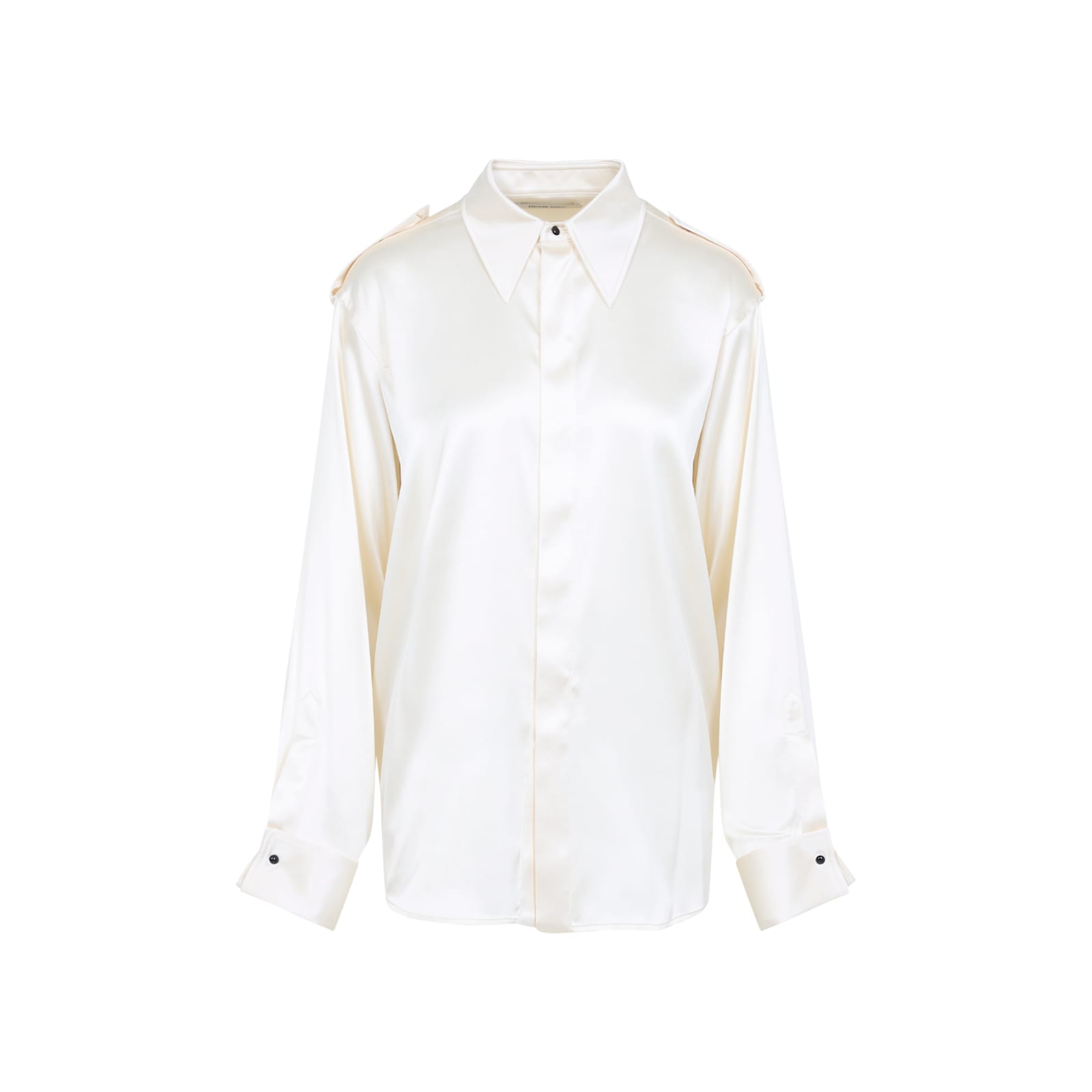Phoebe Philo Liquid Utility White Silk Shirt With Pointed Collar And Button Tabs In Neutral