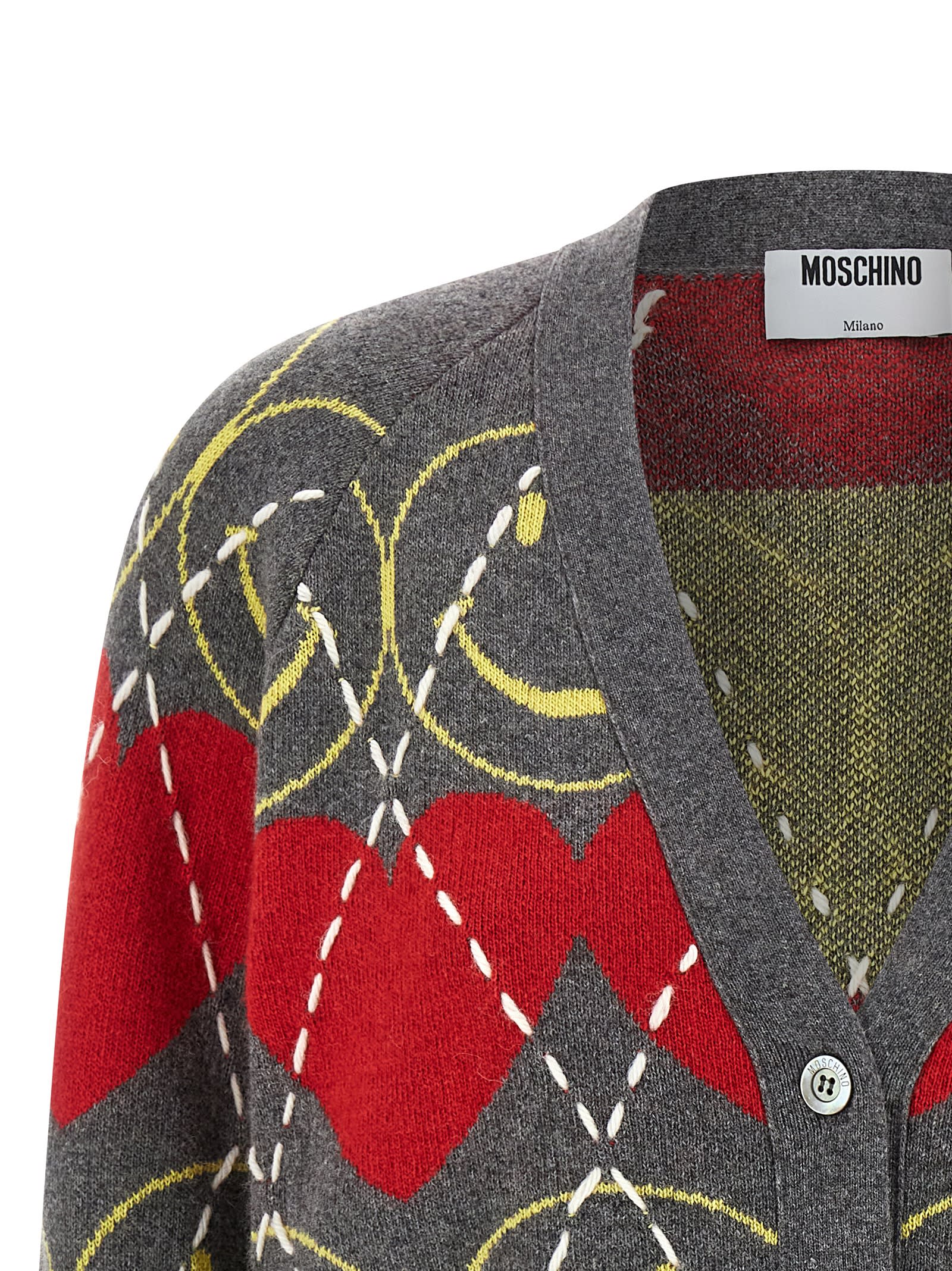 Moschino Jacquard Smile Wool Blend Cardigan In Gray