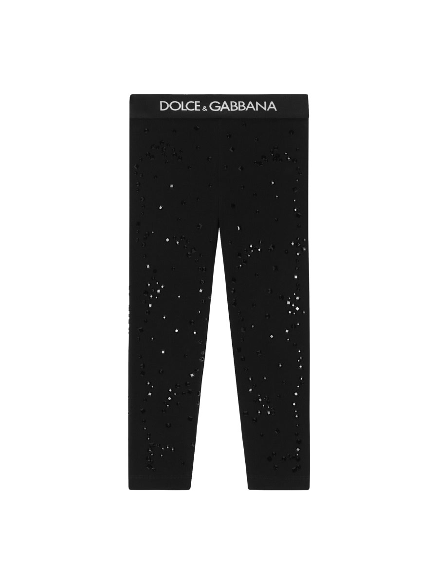 Dolce & Gabbana Interlock Leggings With Fusible Rhinestones In Black