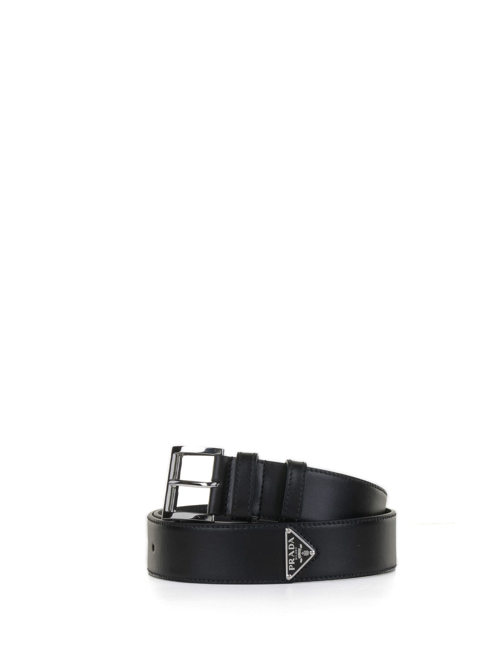 Prada Leather Belt With Triangle Logo In Nero