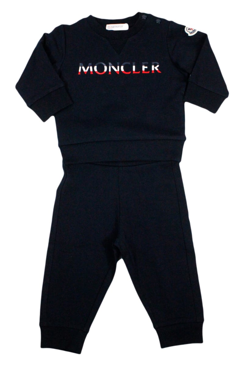 Moncler Kids' Tracksuit Consisting Of Crewneck Sweatshirt With Logo On The Chest And Trousers With Elastic Waistba In Blu