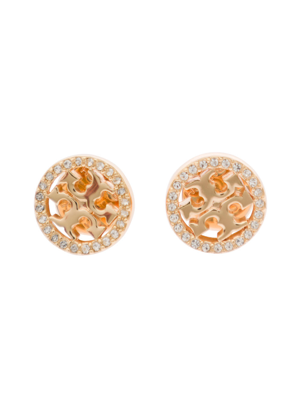 Shop Tory Burch Gold Earrings With Logo Detail And Rhinestone In Brass Woman In Metallic