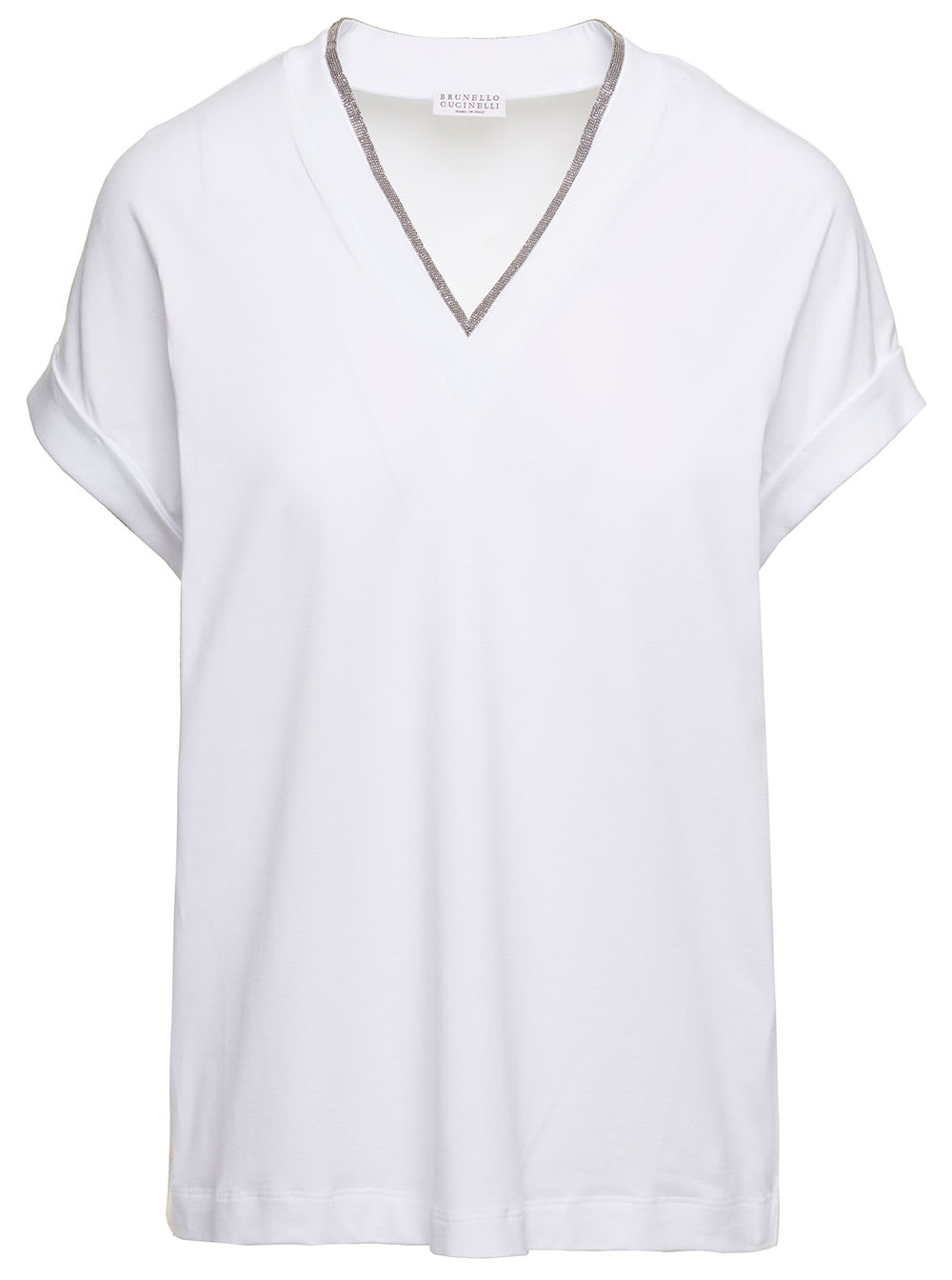 Shop Brunello Cucinelli White V-neck T-shirt With Monile Detail In Stretch Cotton Woman