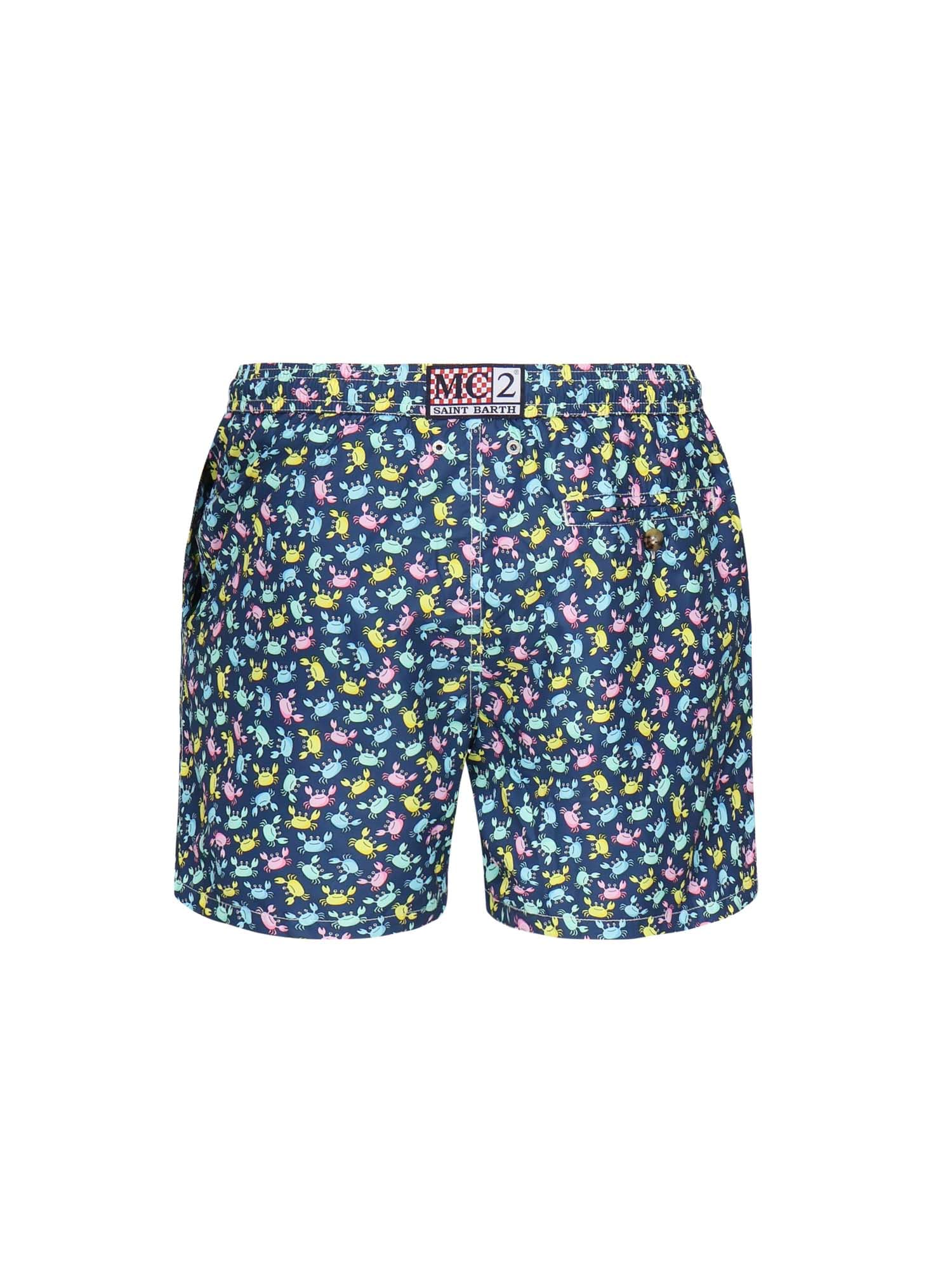 Mc2 Saint Barth Recycled Nylon Swim Trunks With Shark Trouble Multicolor Print In Multi