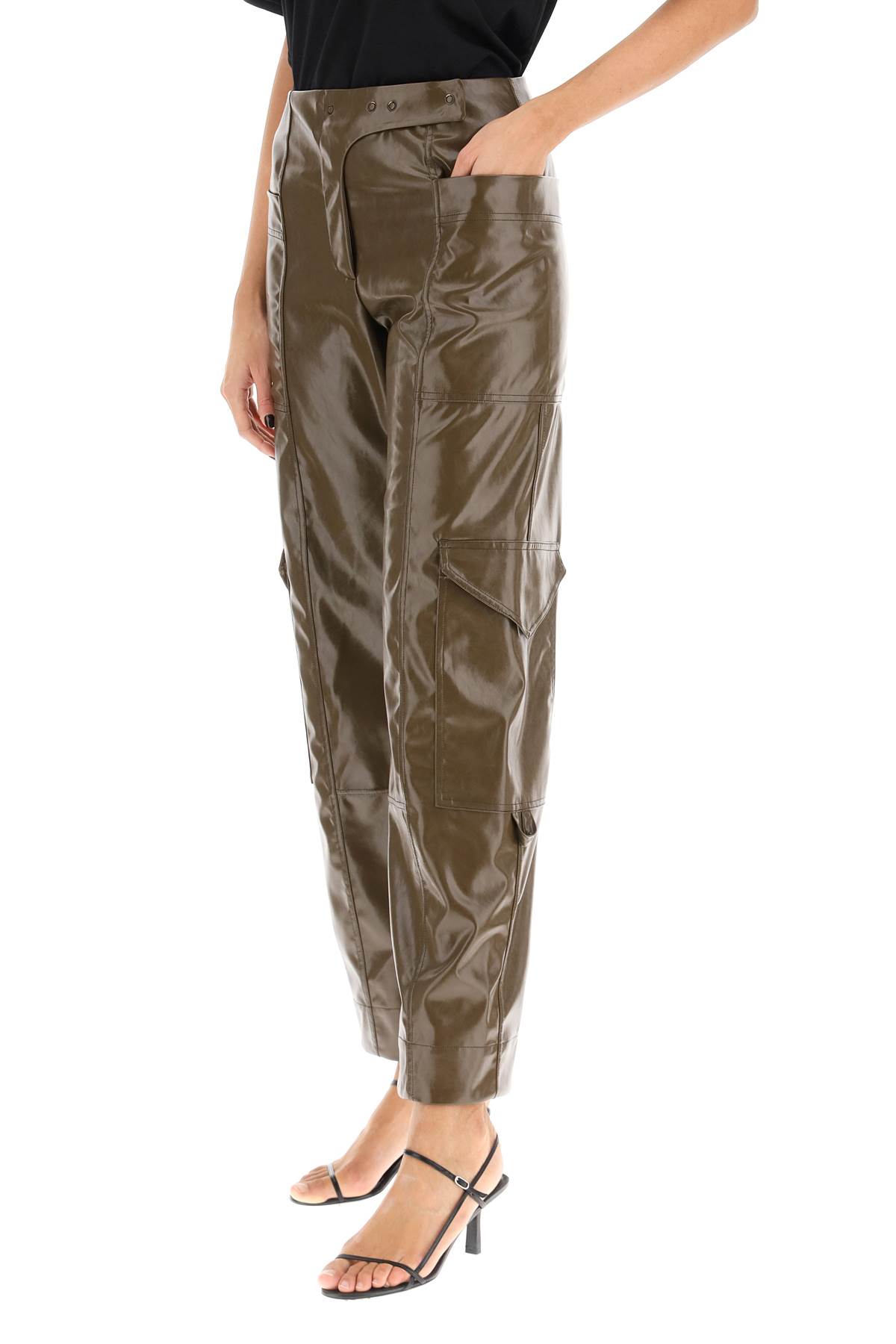Shop Ganni Faux Leather Cargo Pants In Teak (brown)