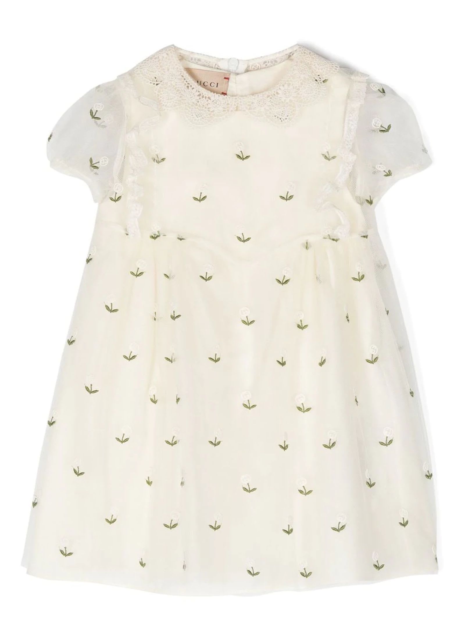 Gucci Babies' Cream White Cotton Blend Dress