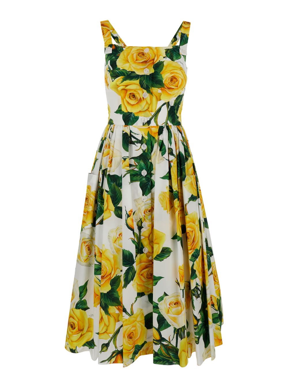 DOLCE & GABBANA YELLOW MIDI DRESS WITH ALL-OVER ROSE PRINT IN COTTON WOMAN