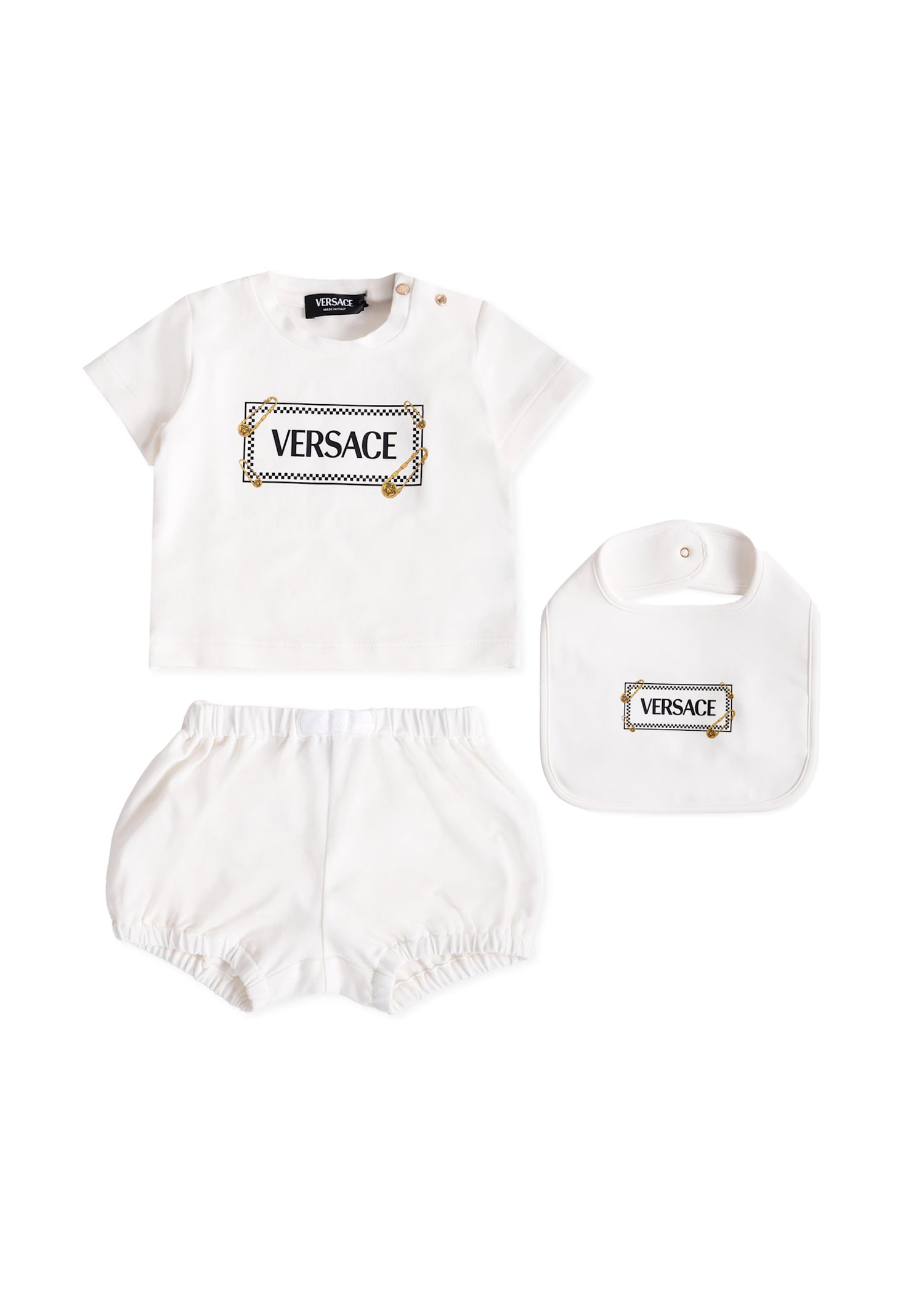 Versace Ivory Set With 90 Vintage Logo And Pins For Baby In White