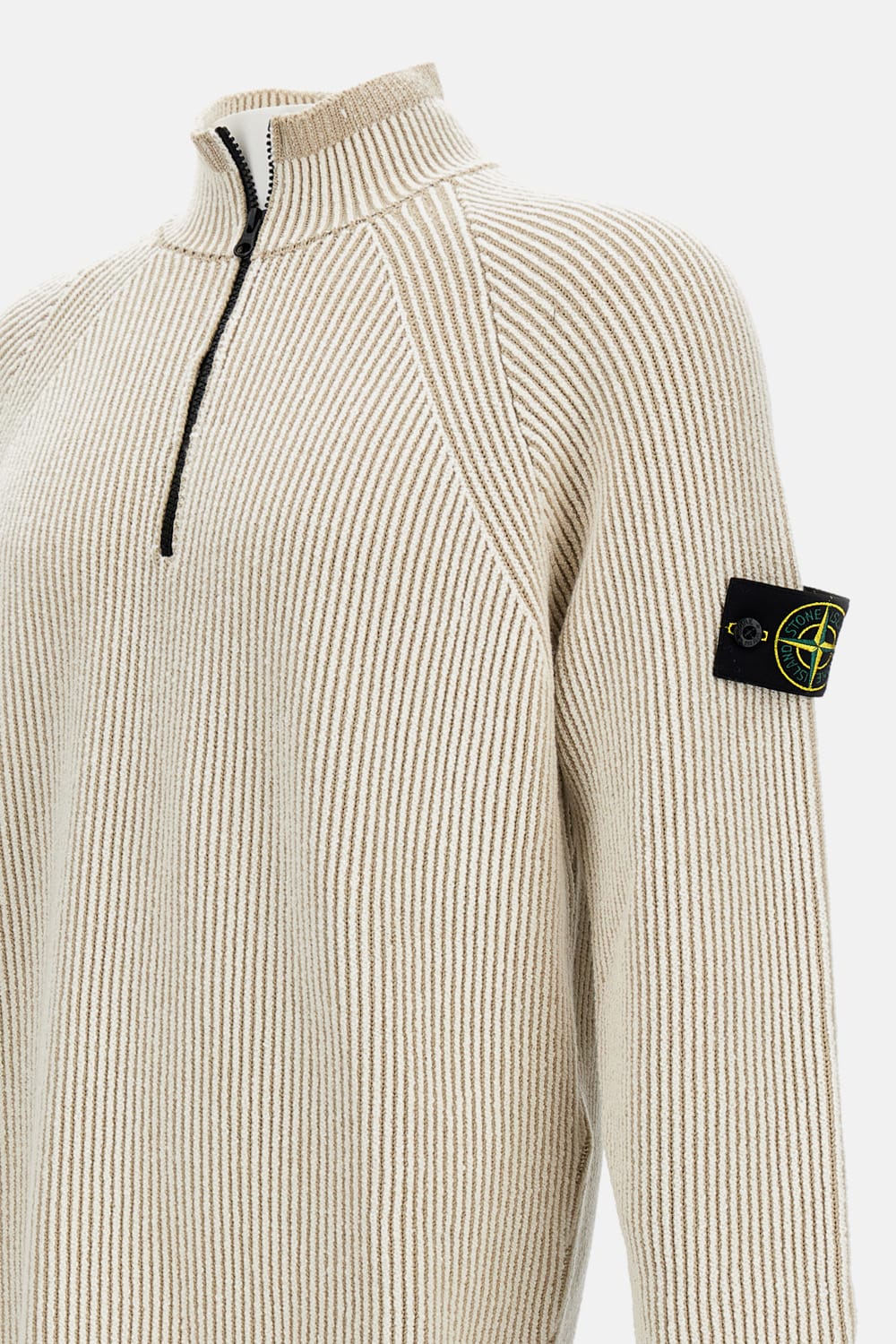 Stone Island White Sweater With Logo Patch On The Sleeve And Front Half Zip Closure In Wool Stretch Man In White