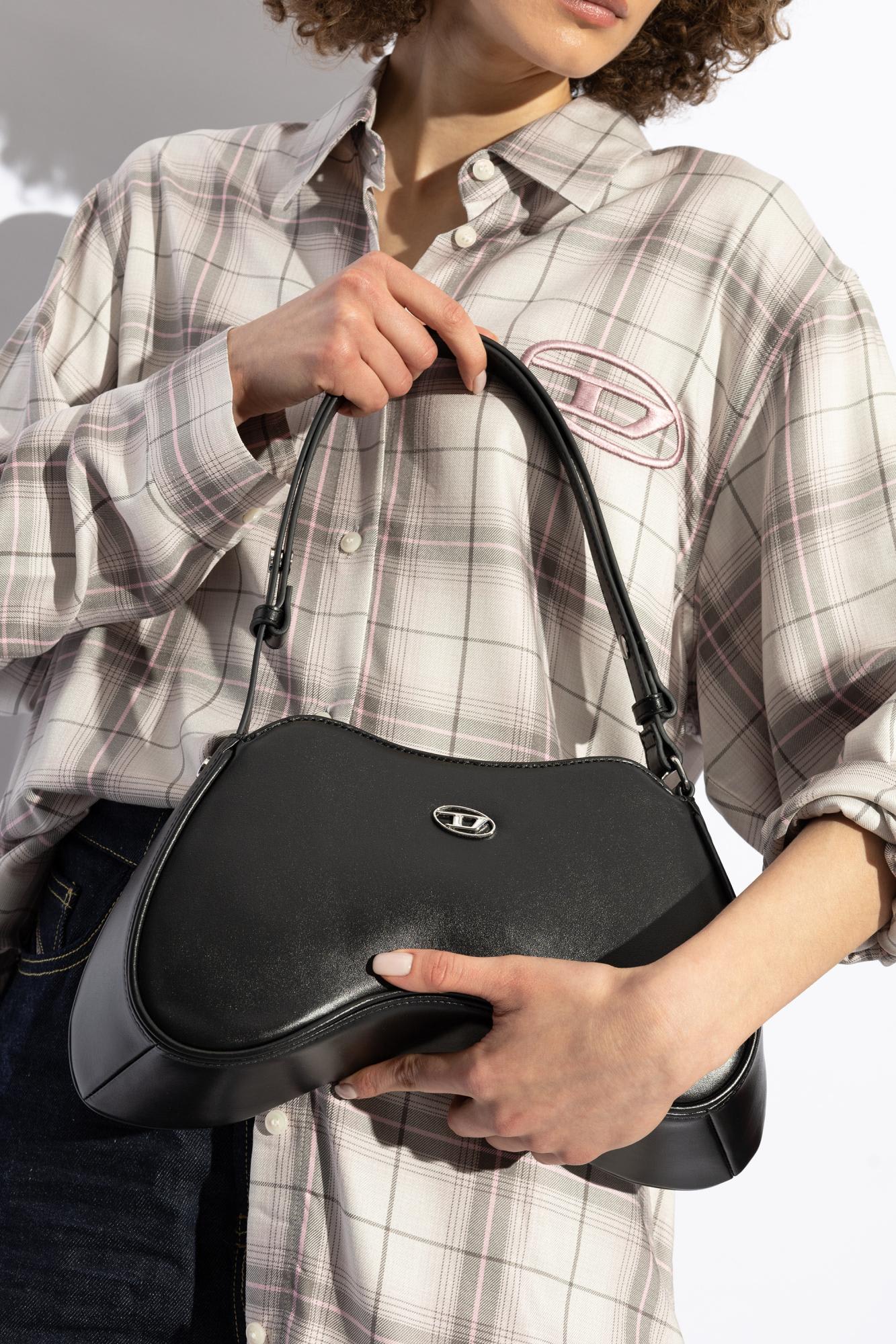 Diesel Curved Leather Handbag With Adjustable Strap In Black