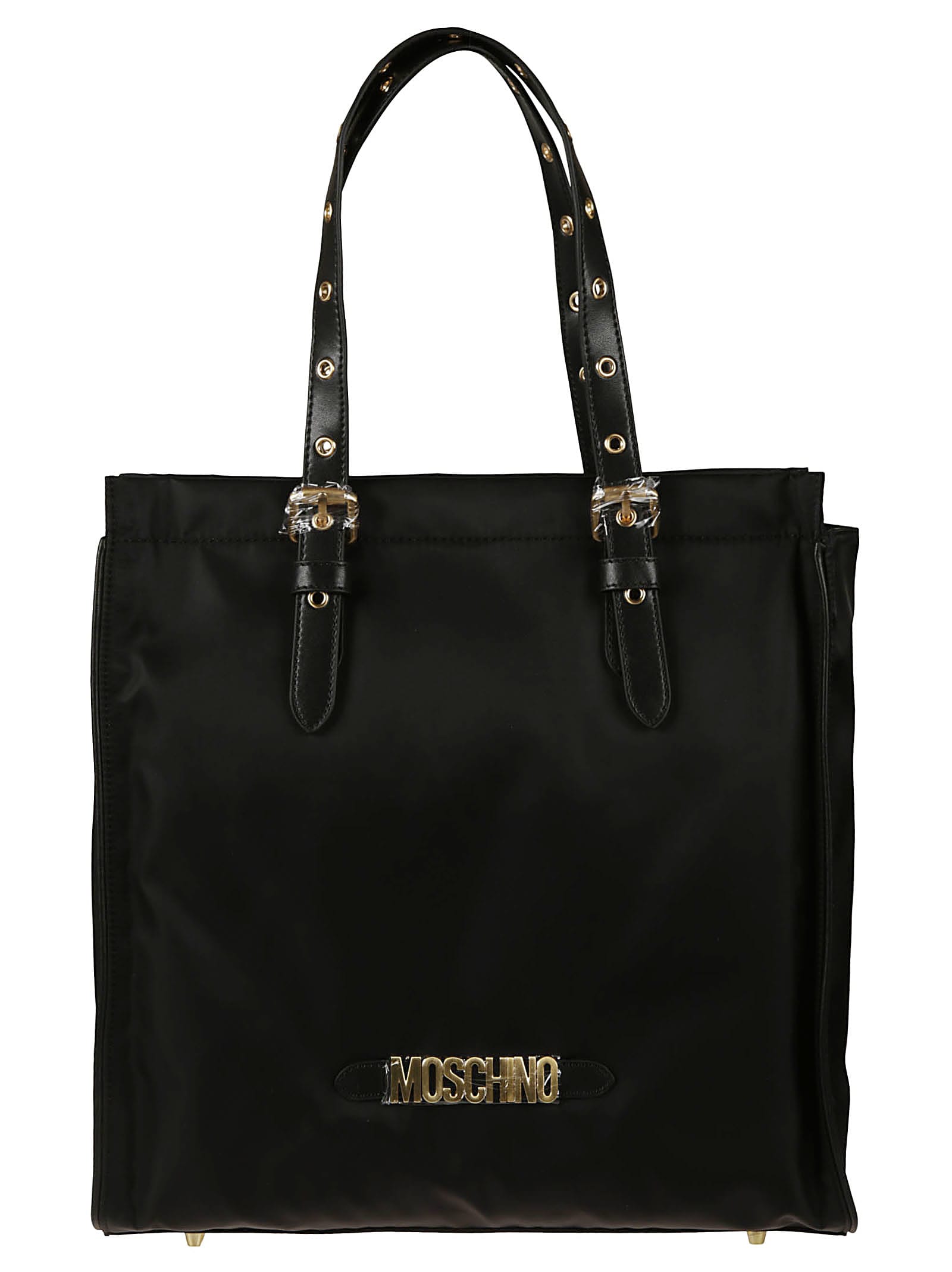 Moschino Perforated Top Handle Logo Plaque Tote In Black