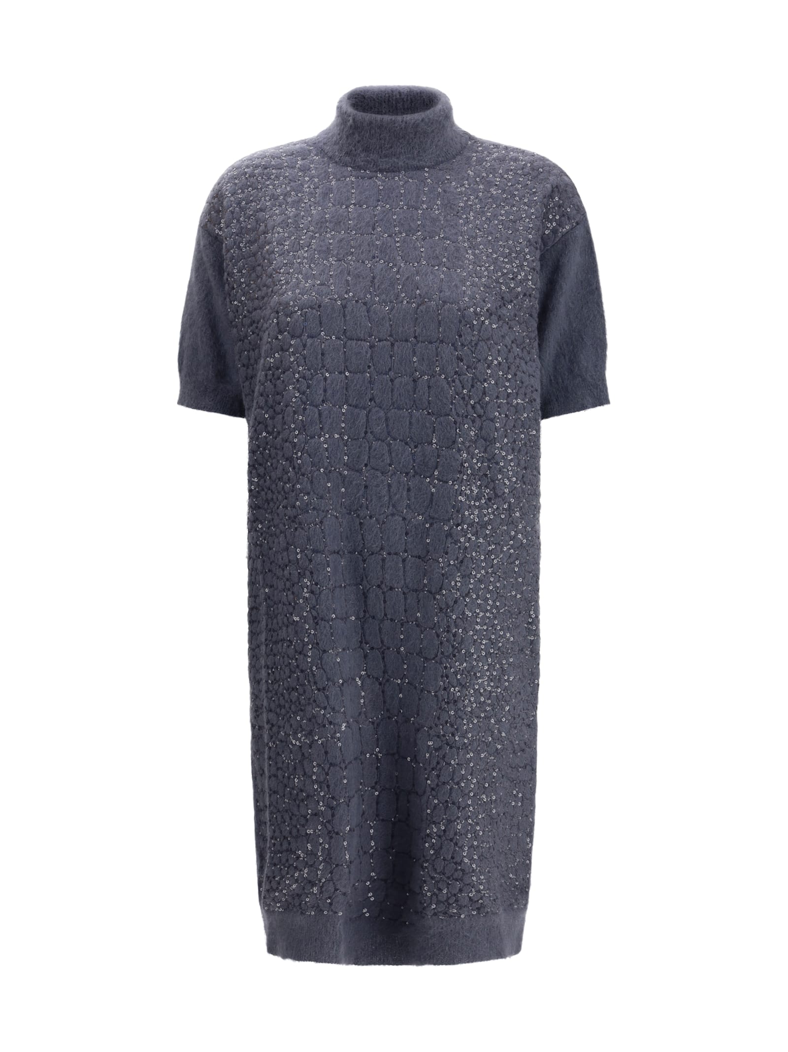 Brunello Cucinelli Wool Turtleneck Dress In Blue