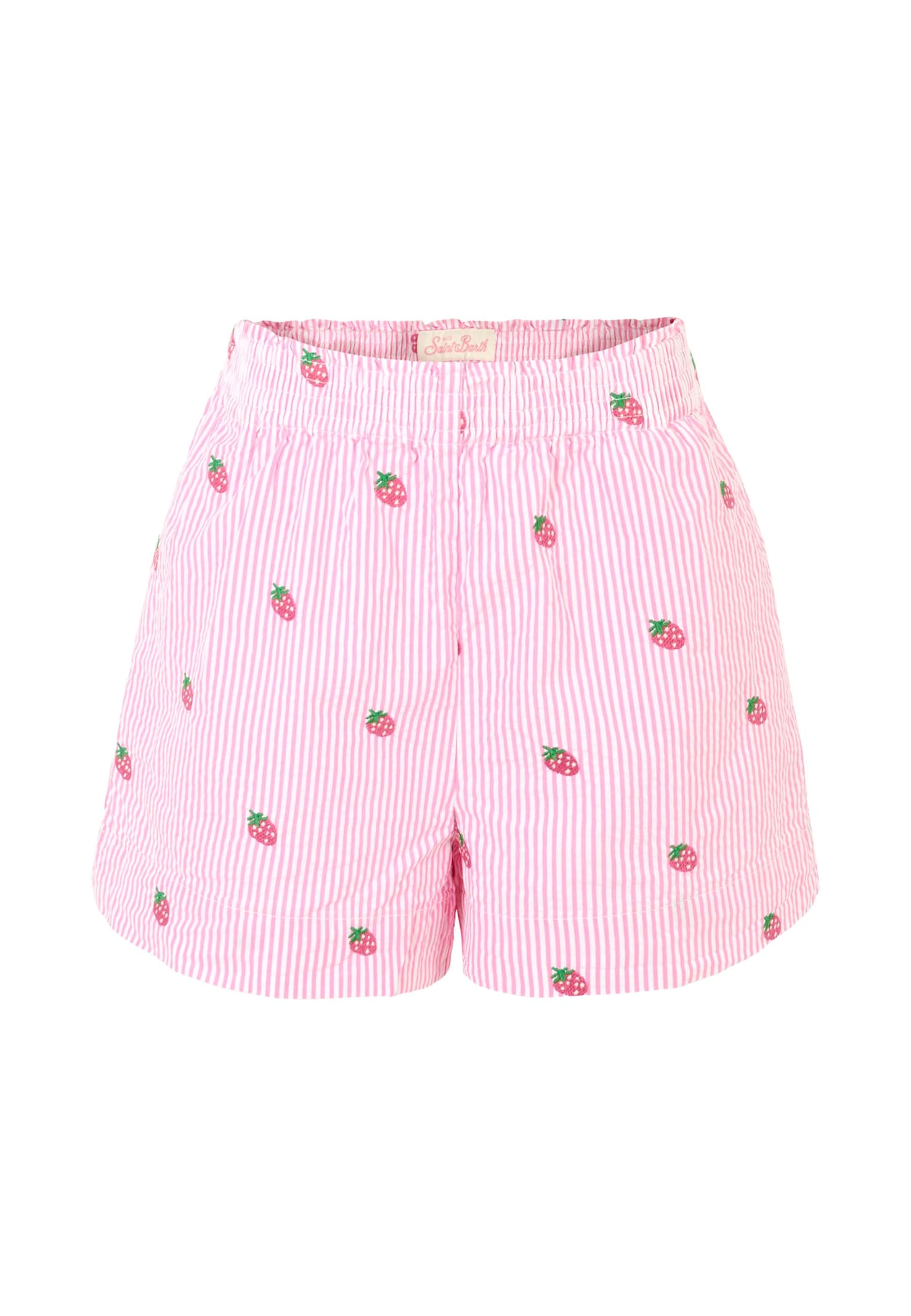 Mc2 Saint Barth Pink Shorts For Girl With Embroidered Fuchsia Strawberries In Pink