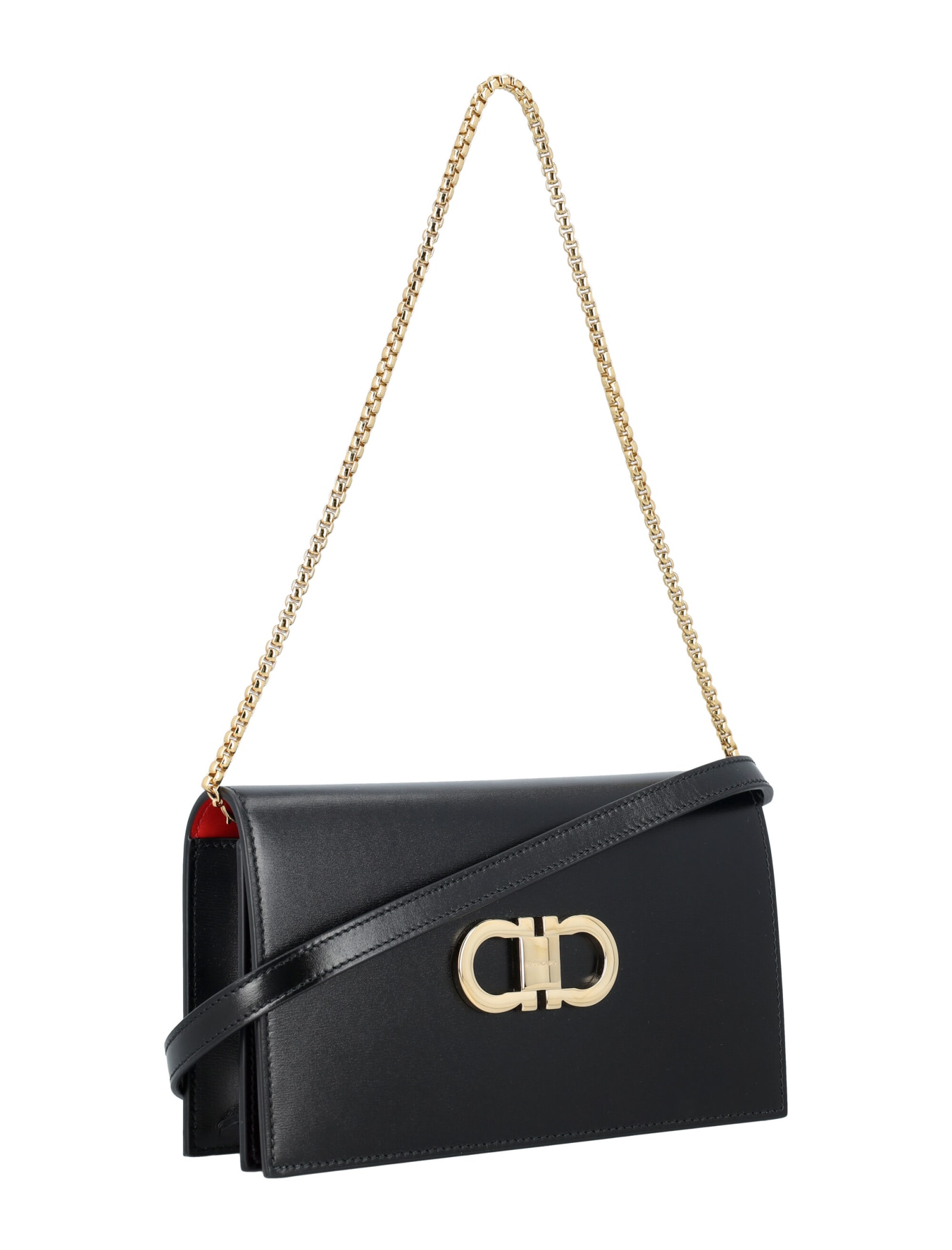 Shop Ferragamo Gancini Flap Leather Shoulder Bag In Nero + Flame Red