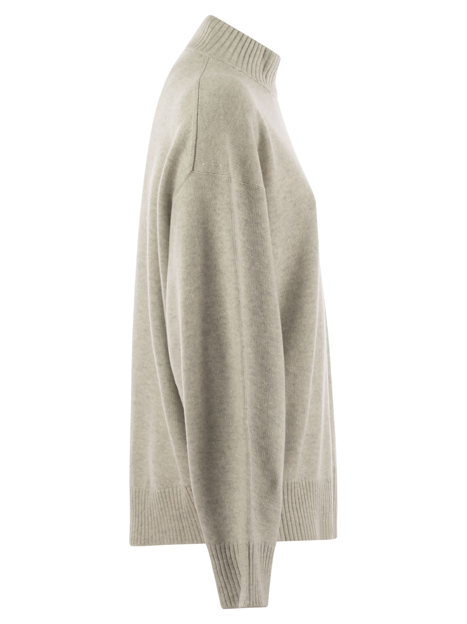 Shop Brunello Cucinelli Cashmere Chimney Neck Sweater With Shiny Cuff Details In Light Grey