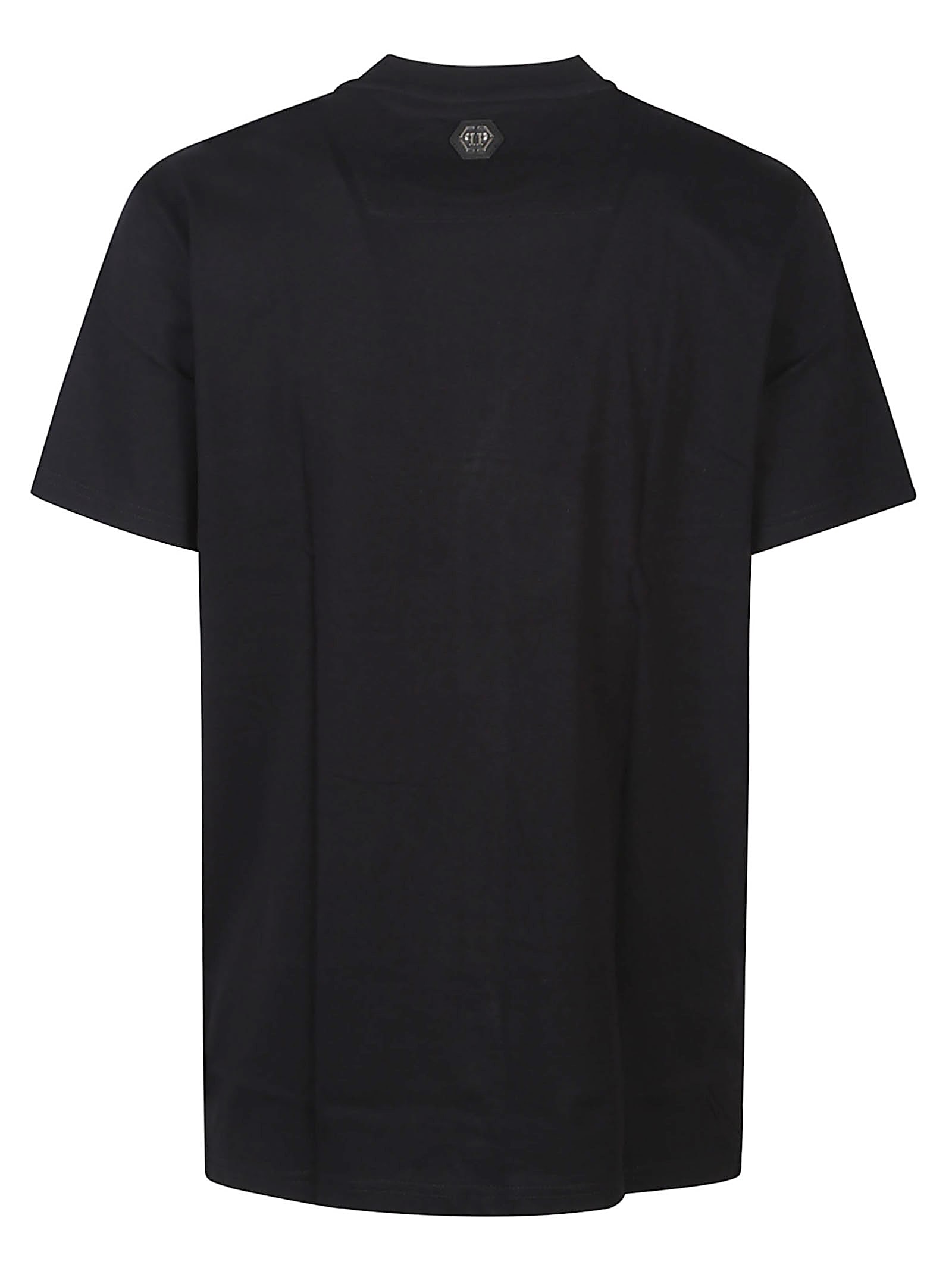 Philipp Plein Crew Neck Black T-shirt With Crystal Skull Design And Logo Patch In Black