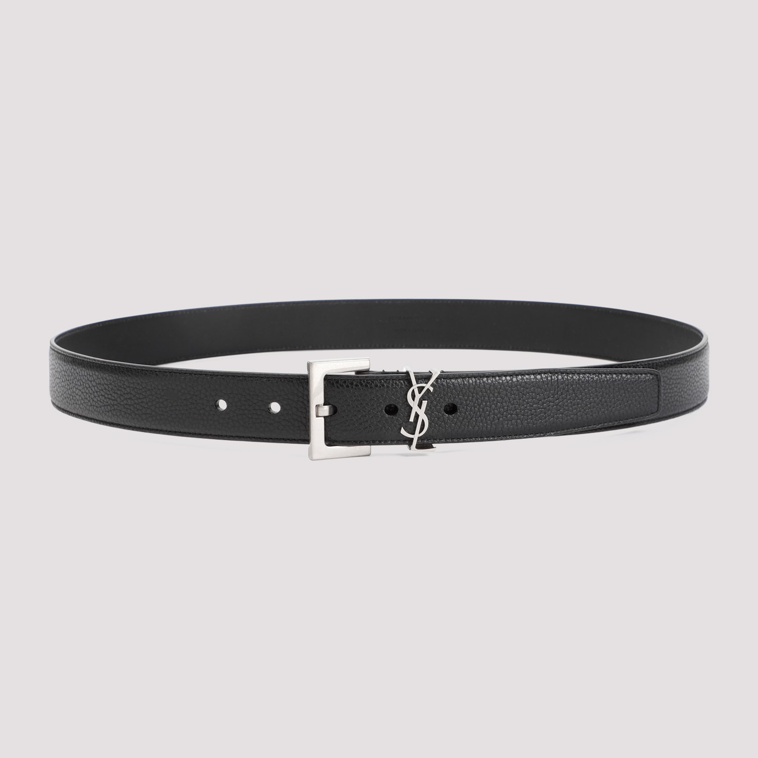 Saint Laurent Cassandre Buckle Grained Leather Belt In Black
