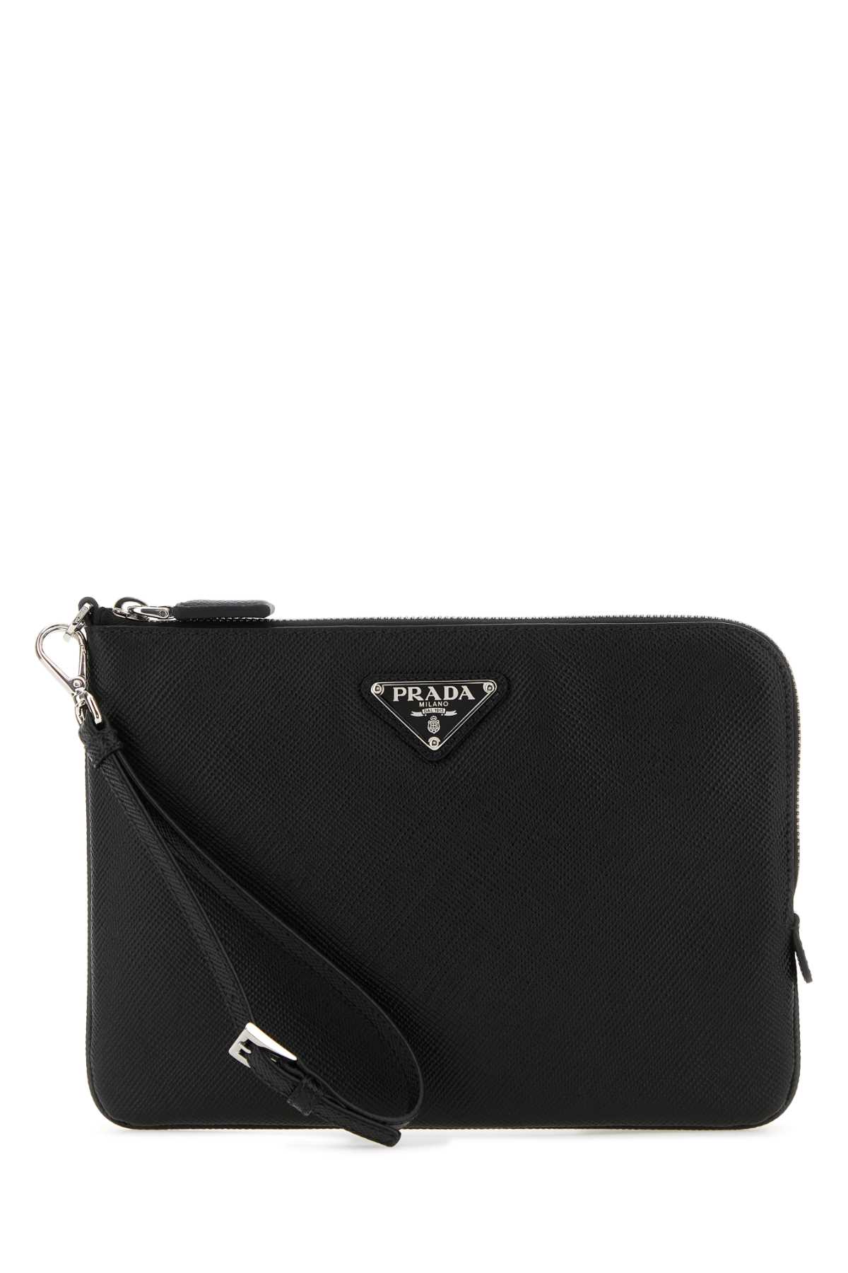 Shop Prada Black Leather Clutch In Nero