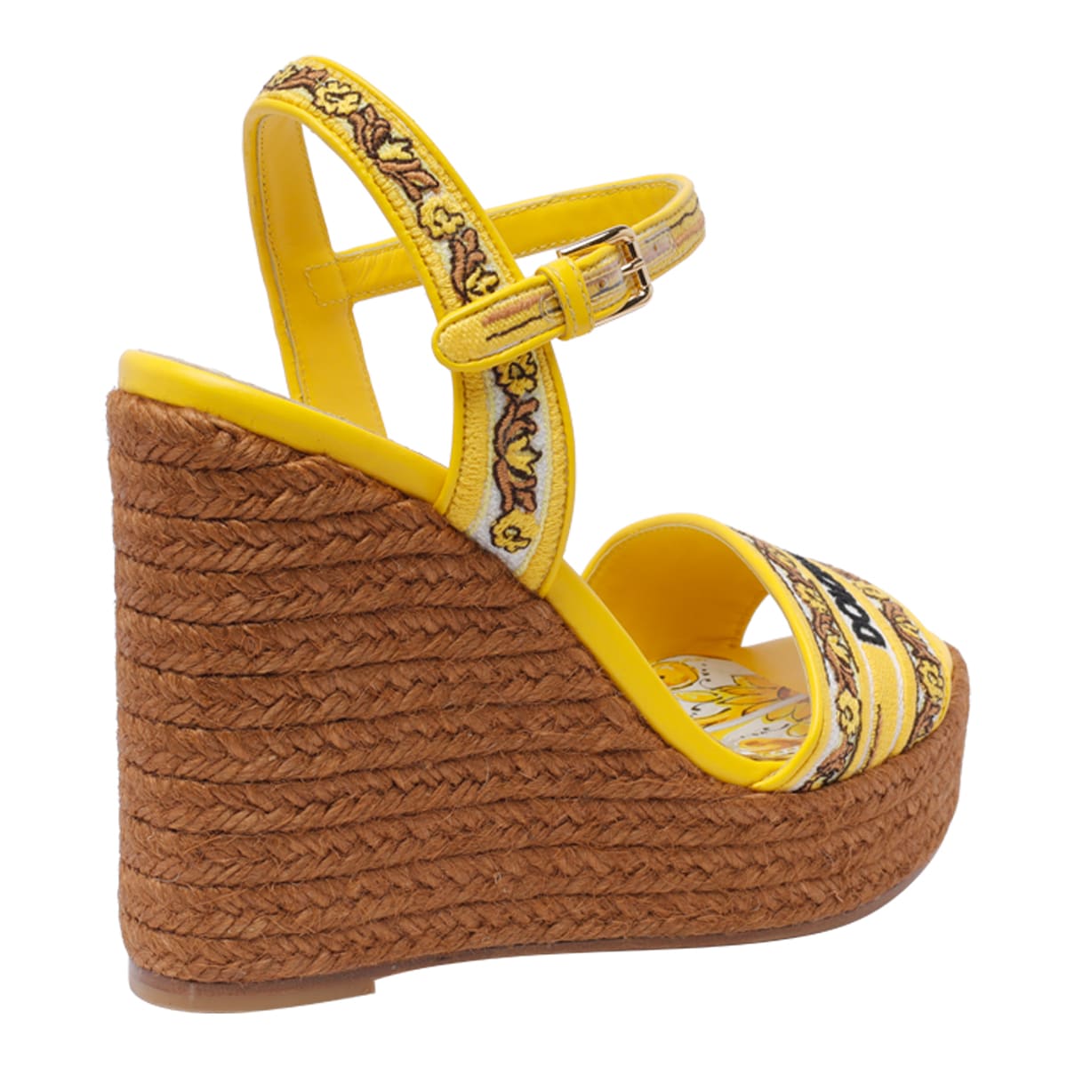 Shop Dolce & Gabbana Maiolica Print Logo Charmeuse Wedged Sandals In Giallo