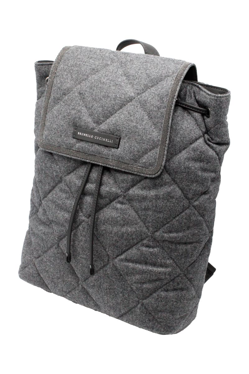 Brunello Cucinelli Backpack With Diamond Pattern In Wool And Leather Embellished With Rows Of Jewels
