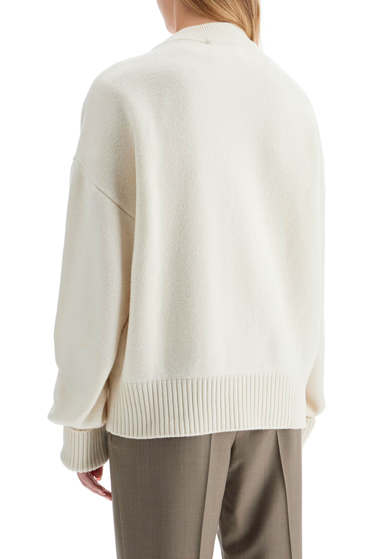 Shop Ami Alexandre Mattiussi Pure Virgin Wool Cardigan With Jacquard Logo In Ecru/rouge (white)