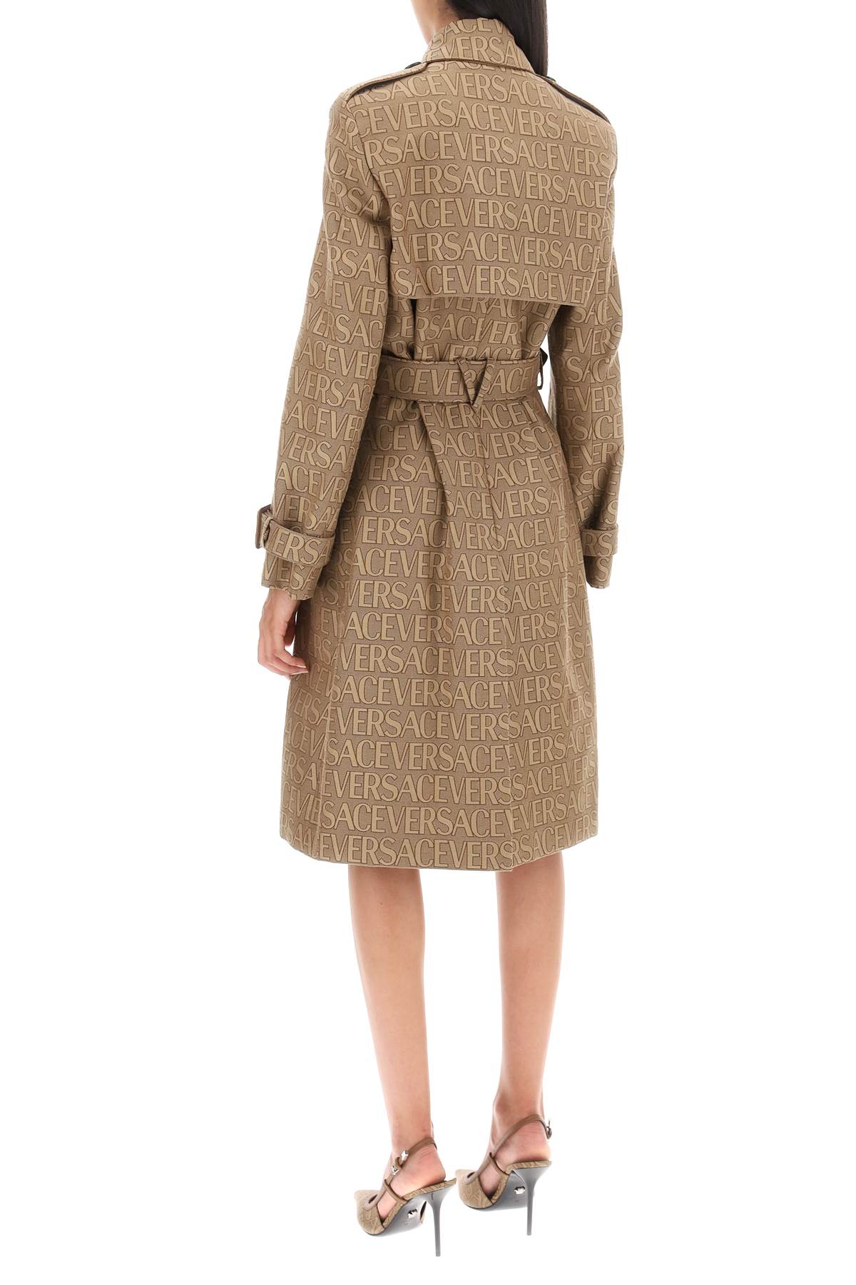 Versace Double-breasted Canvas-jacquard Trench Coat In Beige