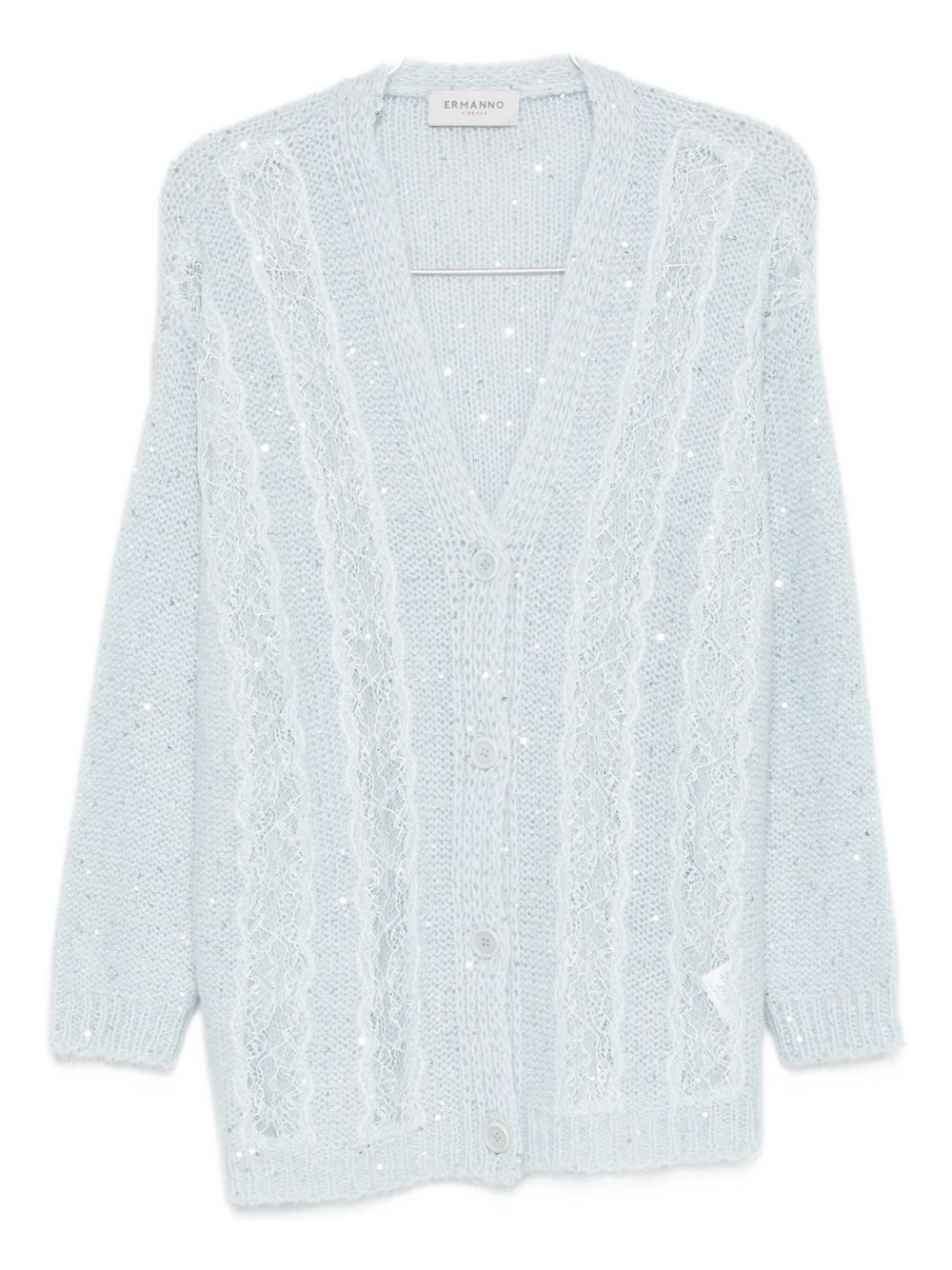 Ermanno Firenze Cable Knit Cardigan With Lace And Sequins In Blue
