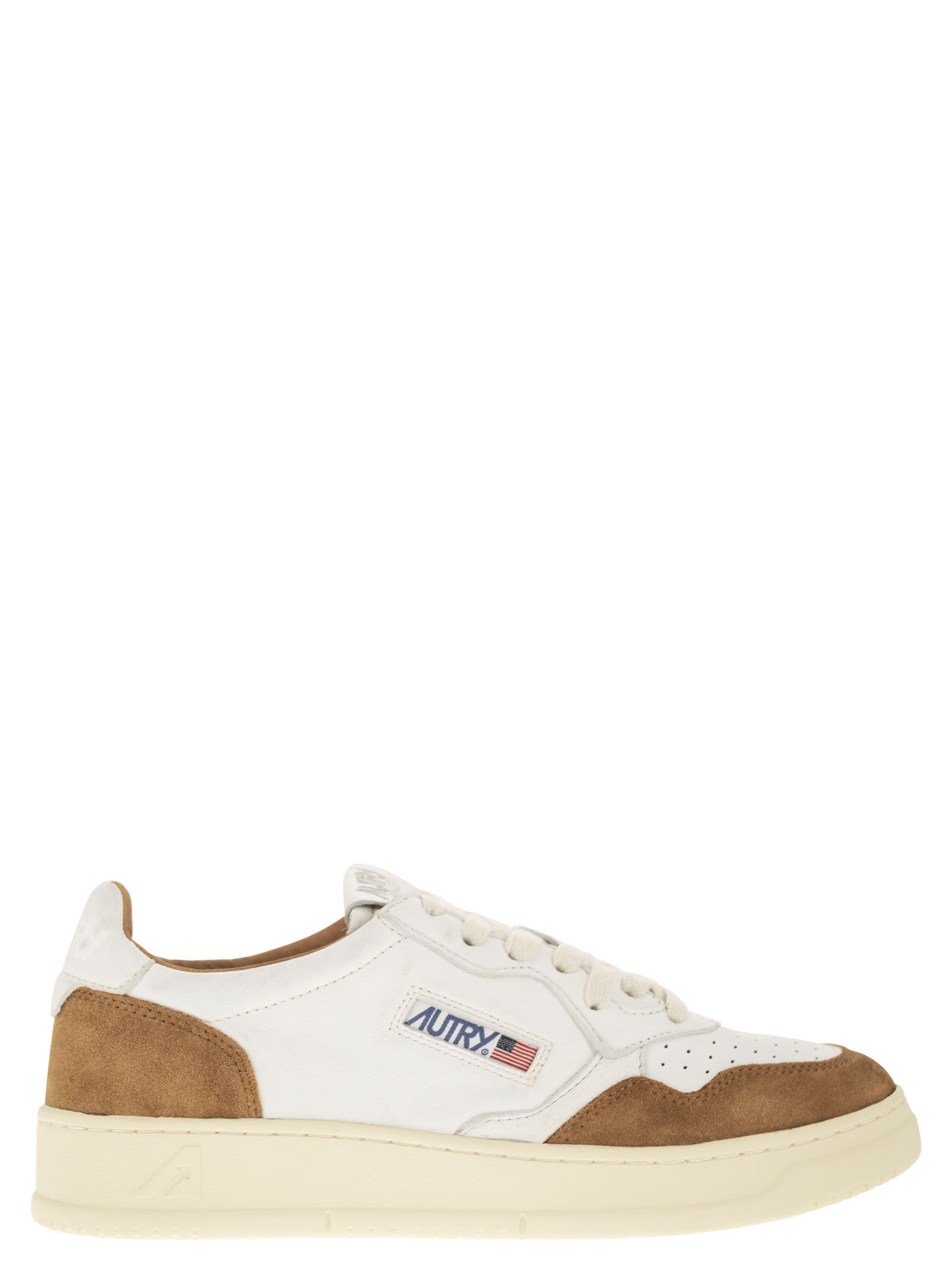 Shop Autry Medalist Low - Sneakers In Goatskin And Suede In Bianco+caramel