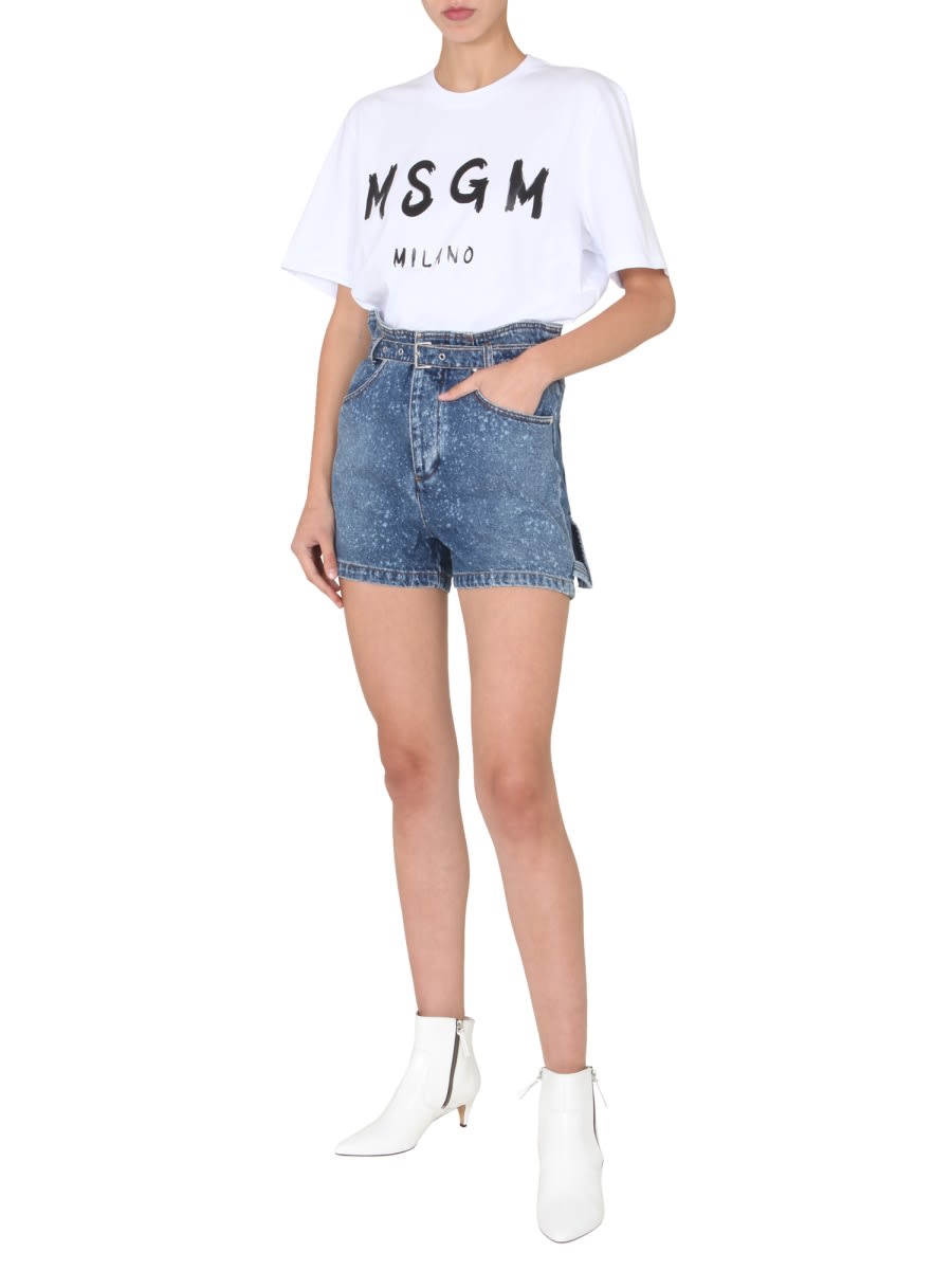 Msgm Paint-splatter Print Denim Shorts In Blue