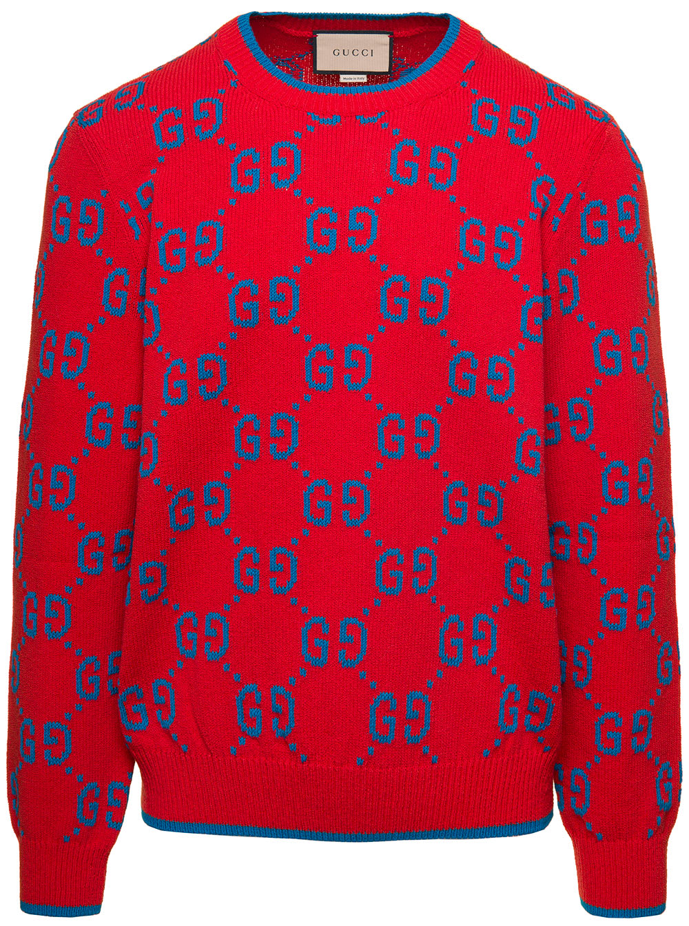 GUCCI RED AND LIGHT BLUE CREWNECK SWEATER WITH GG MOTIF IN JACQUARD COTTON MAN