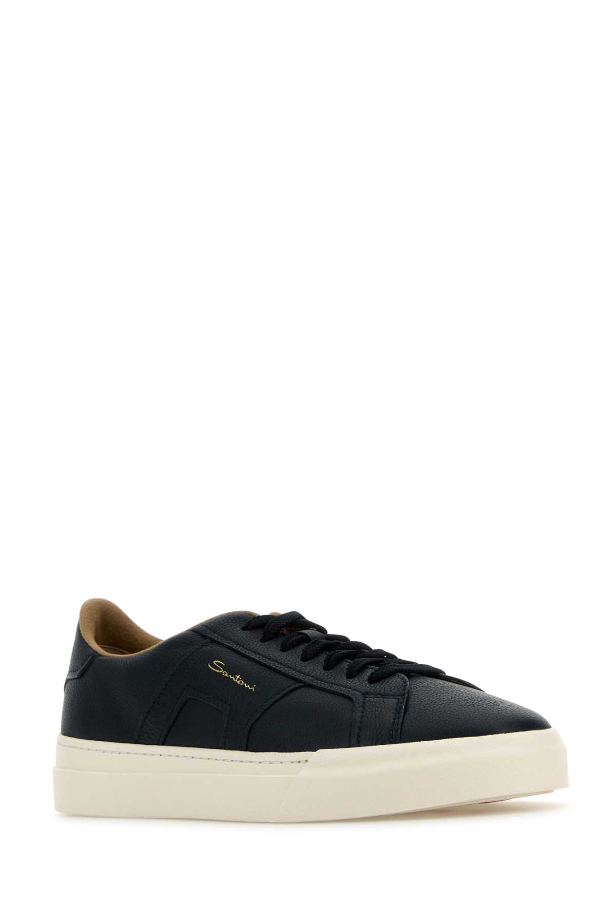 Shop Santoni Navy Blue Leather Sneakers