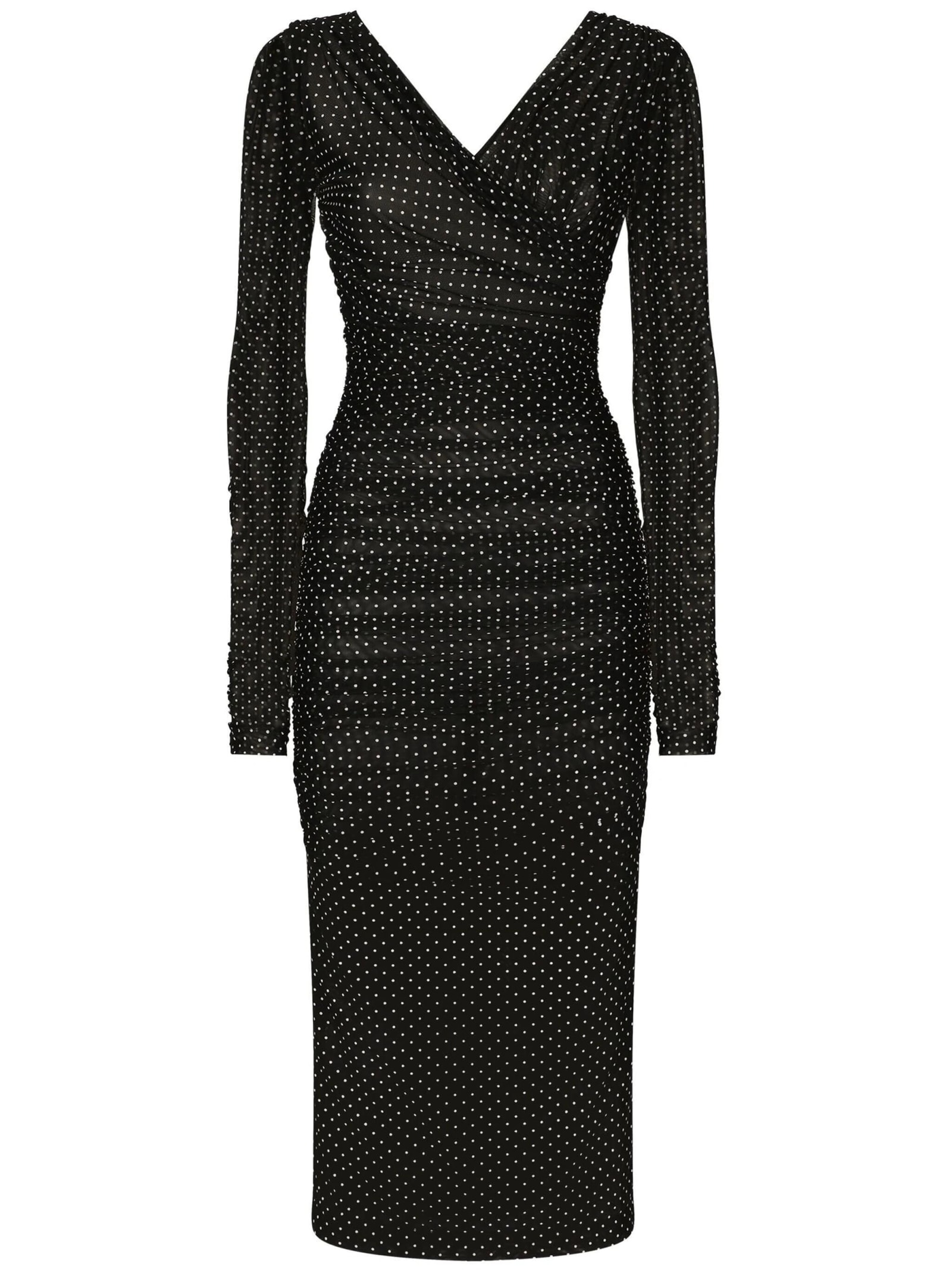 Dolce & Gabbana Tulle Calf-length Dress With Draping And Polka-dot Print In Black