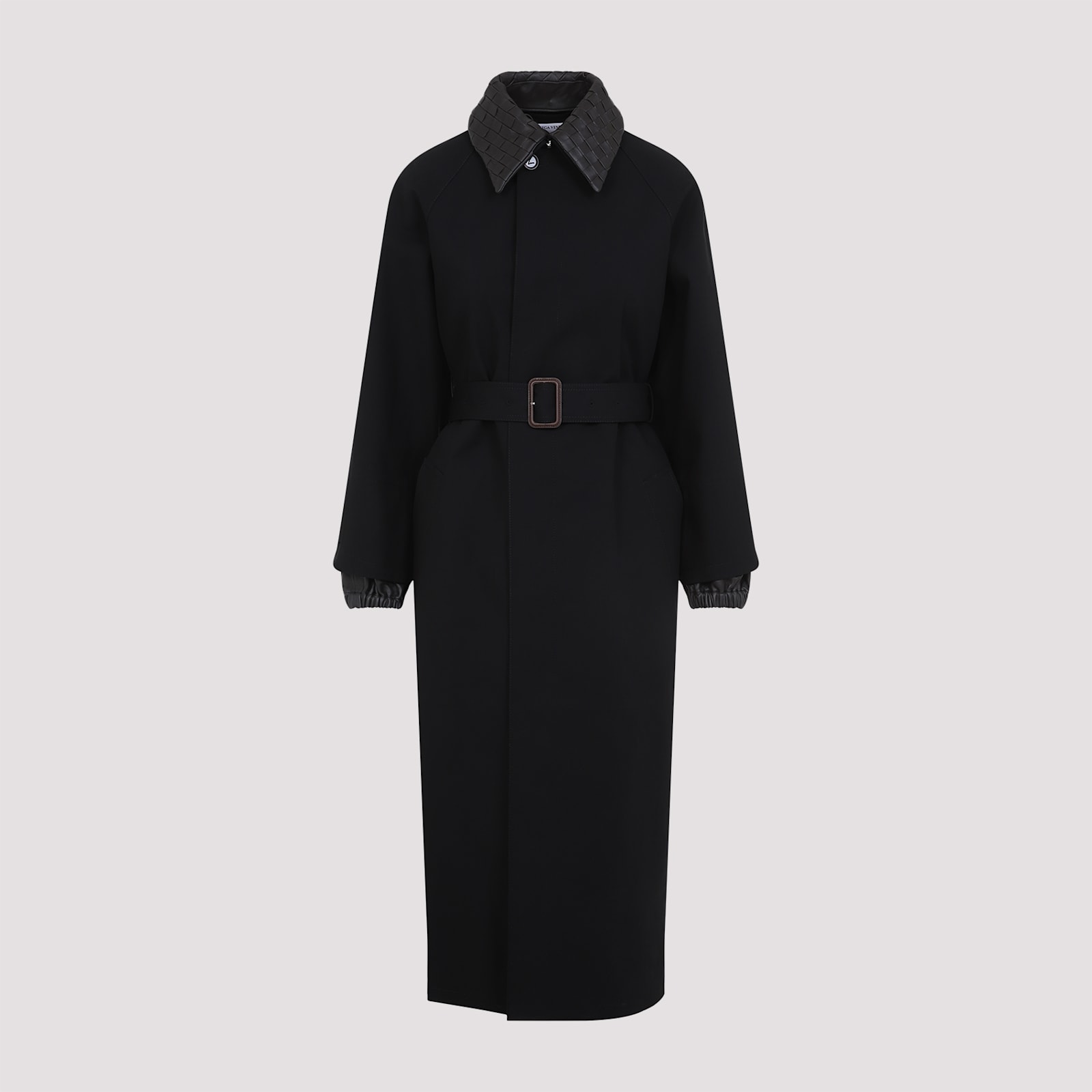 Bottega Veneta Black Trenchcoat With Removable Leather Collar With Intrecciato Motif And Adjustable Belt In Cotton In Black