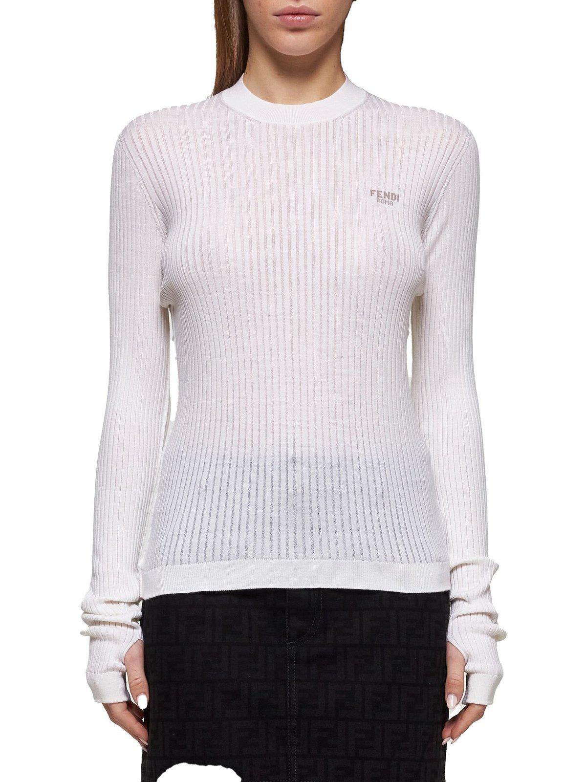 Fendi Slim Fit Ribbed Sweater Knitwear White In Off White